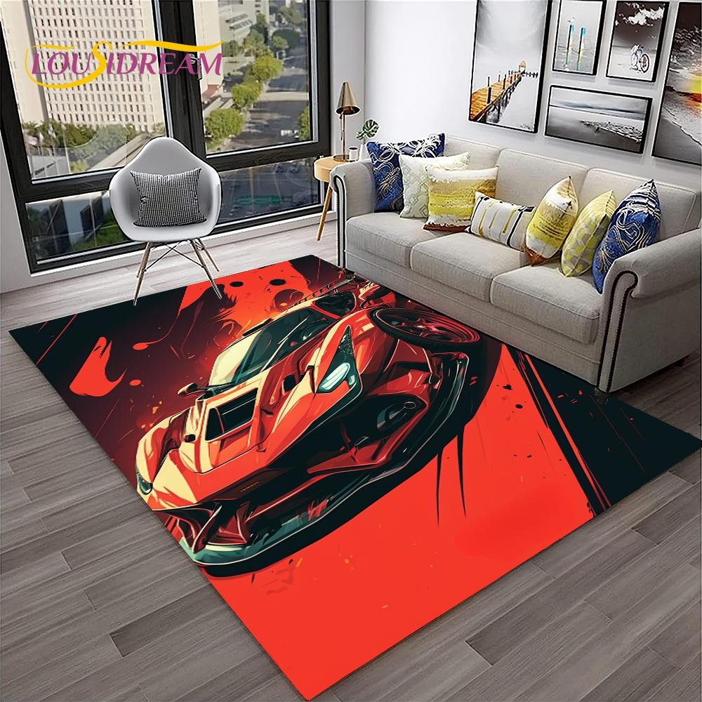 Blue Sports Car Flannel Area Rug - Cool Graffiti Style Supercar Print Soft Mat for Living Room & Garage, Non-Slip Car Enthusiast Home Decor#SportsCarRug #GraffitiSupercarMat #CarEnthusiastDecor #GarageCarpet #NonSlipFlannelRug