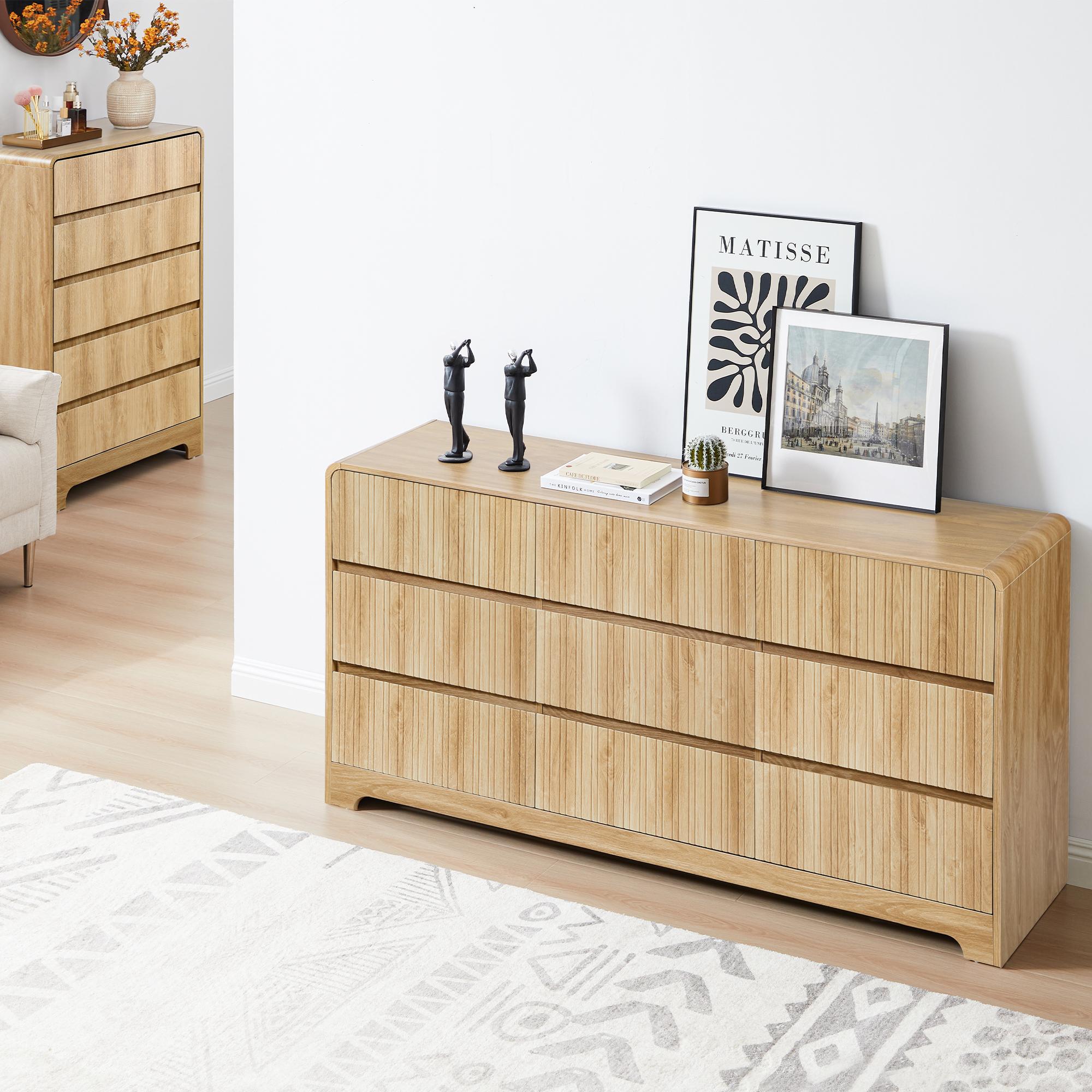 Giratree Modern Fluted 9-Drawer Dresser, 63" Wide Wood Storage Chest with Curved Design, Large Bedroom & Living Room TV Stand