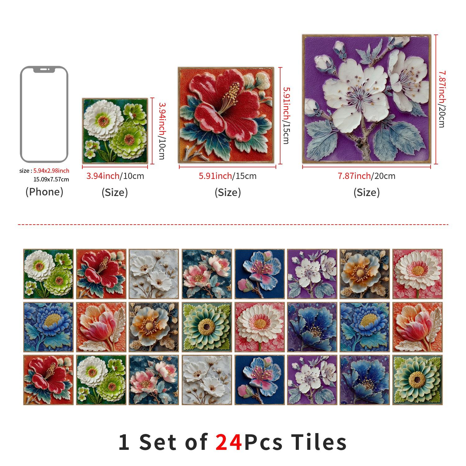 24PCS/Box NHZ 3D Embossed Floral Tile Stickers | Crystal Film Peel & Stick DIY Backsplash | Waterproof Oil-Proof for Kitchen/Bathroom/Furniture/Stairs/Wall Renovation