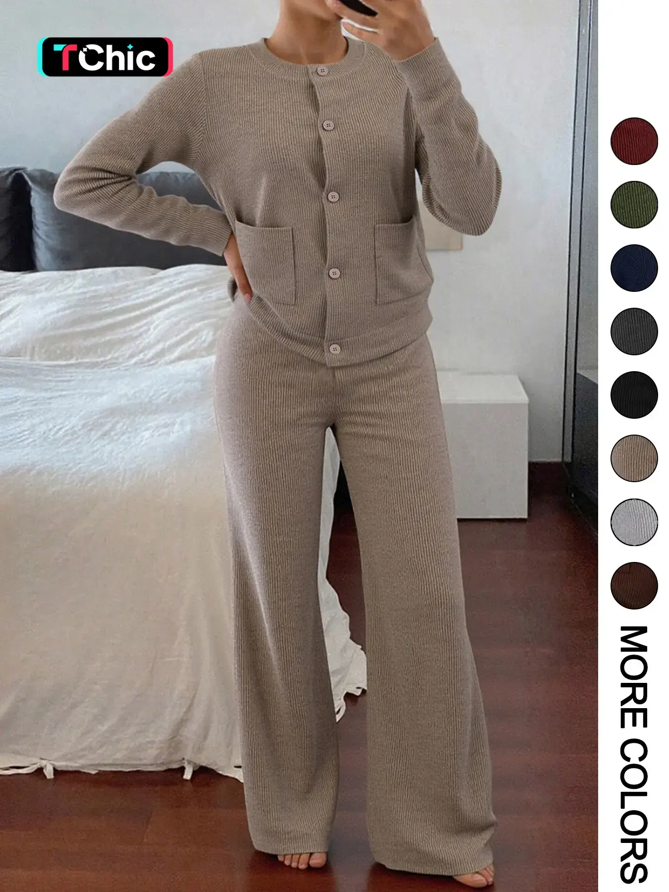 Women's Casual Comfortable Round Neck Long Sleeve Knit Sweater Set, High Waist Versatile Wide Leg Pants, Perfect for Daily Wear