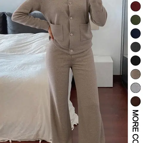 Women's Casual Comfortable Round Neck Long Sleeve Knit Sweater Set, High Waist Versatile Wide Leg Pants, Perfect for Daily Wear