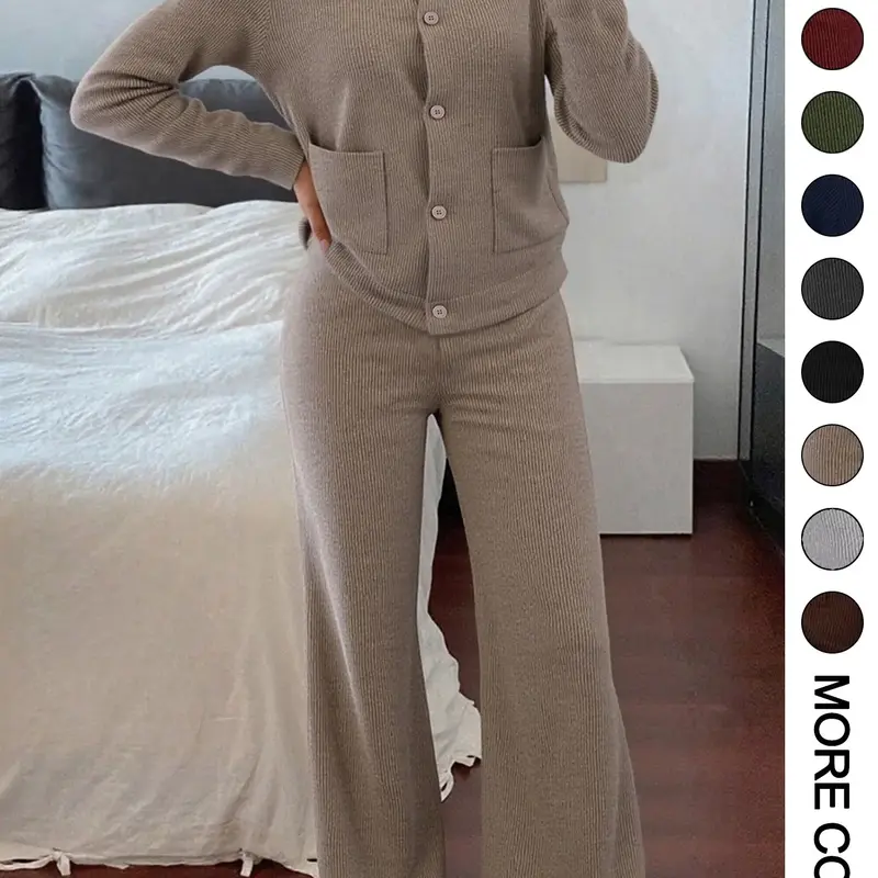 Women's Casual Comfortable Round Neck Long Sleeve Knit Sweater Set, High Waist Versatile Wide Leg Pants, Perfect for Daily Wear