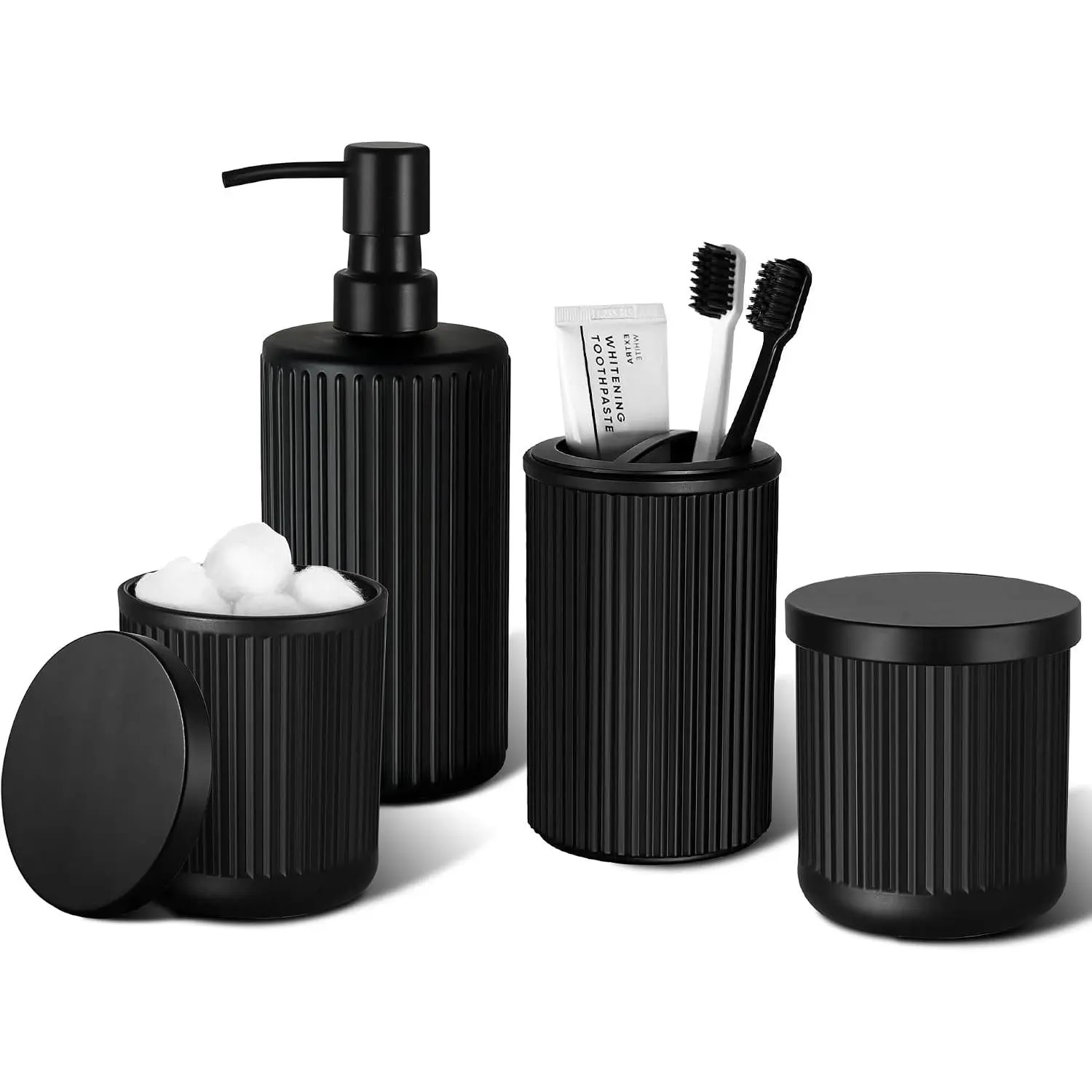 Matte Black Bathroom Accessories Set, 4 Pcs Glass Bathroom Accessory Set, Soap Dispenser, Toothbrush Holder, Qtip Holder Set, Bathroom Sets Complete, Bathroom Sink Set for Modern Home Decor