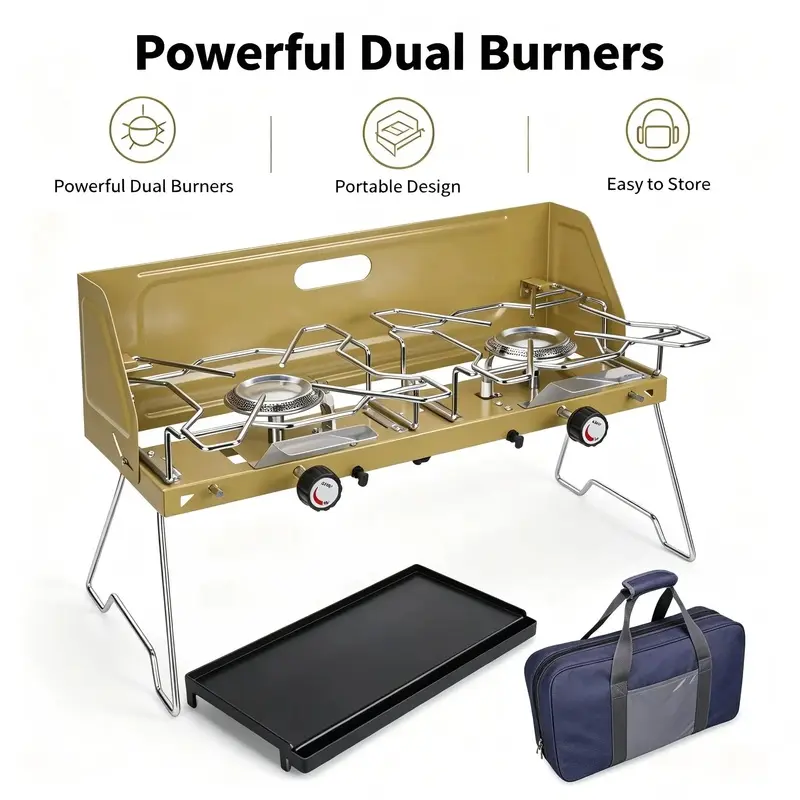 Portable camping stove with stand, dual-burner gas grill, butane grill, compact and portable, an ideal choice for outdoor enthusiasts.