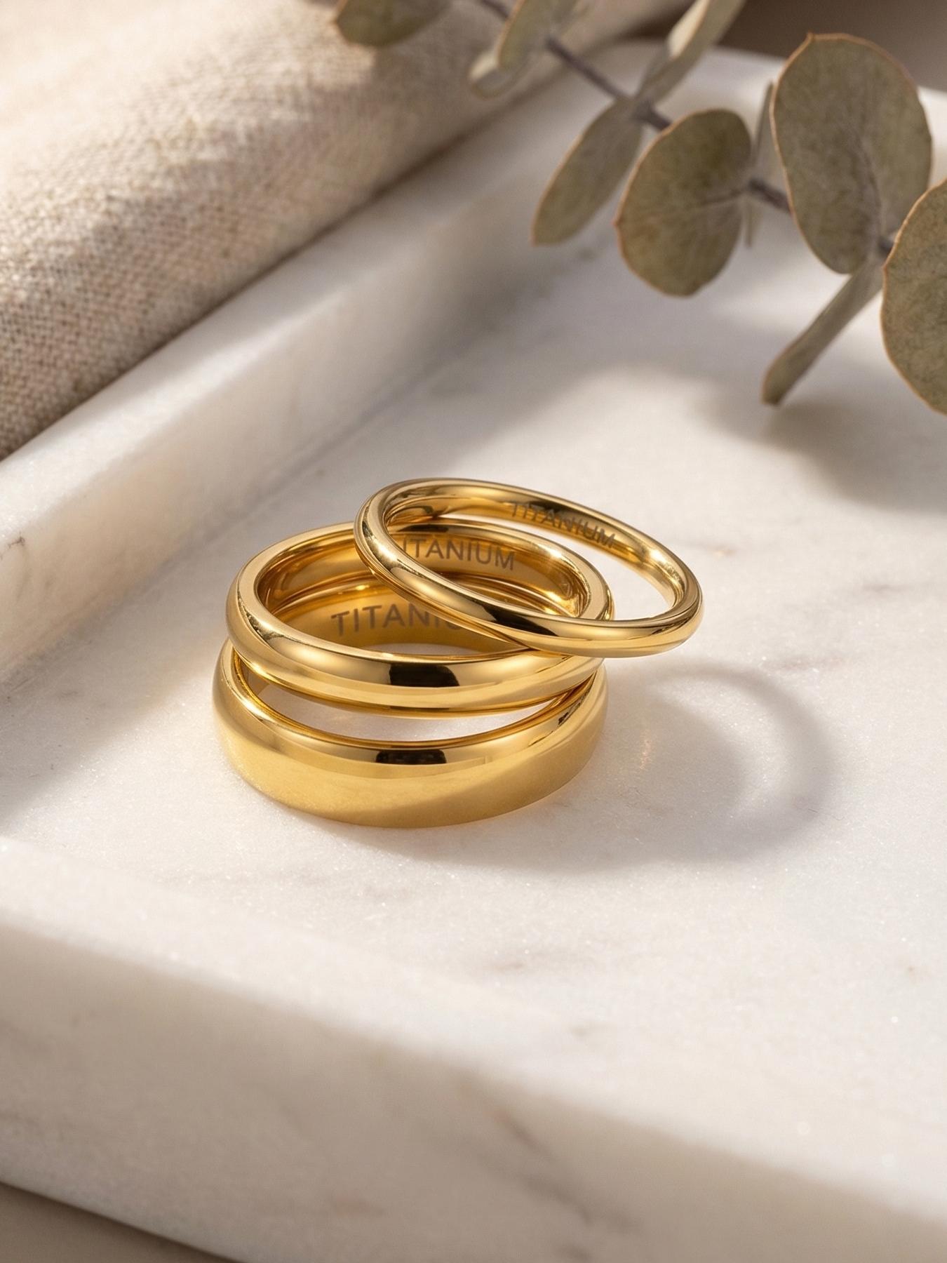 3-piece 18K gold stainless steel plain ring, high-end and niche, elegant ring with a smooth surface, high-quality jewelry ring / stainless steel material / colorfast / hypoallergenic / couple's style / suitable for festivals / parties / ideal gift