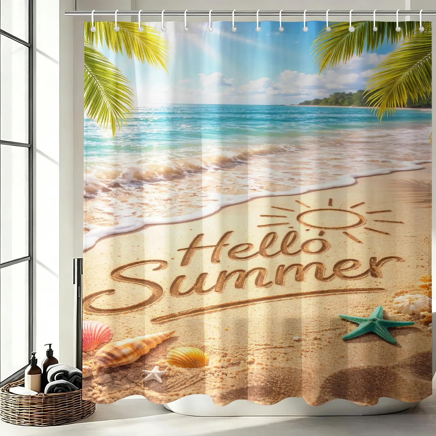 'Hello Summer' Words Beach Pattern Shower Curtain, Fresh Summer Coastal Bathroom Decor, Waterproof, Free Plastic Hooks Included, Machine Washable