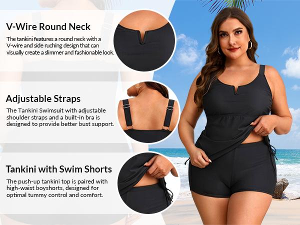 Yonique Women's Plus Size Tankini Swimsuit - Two Piece Bathing Suit with Shorts V-Wired Tummy Control Swimwear