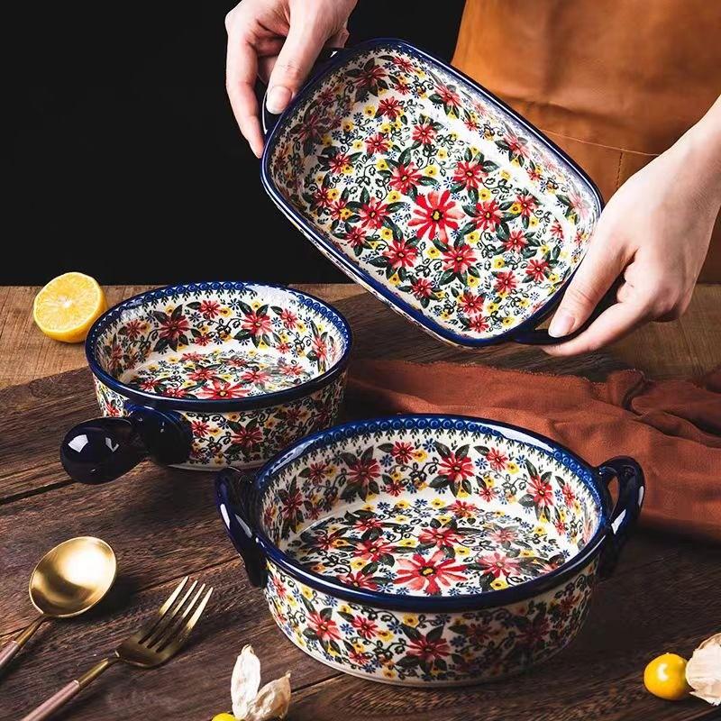 Floral Ceramic Baking Dish, Rectangular Casserole Dish, Bakeware, 730ML Rectangular Serving Bowl with Handle, Ideal for Rice, Salad & Cheese, Elegant Kitchen Accessory
