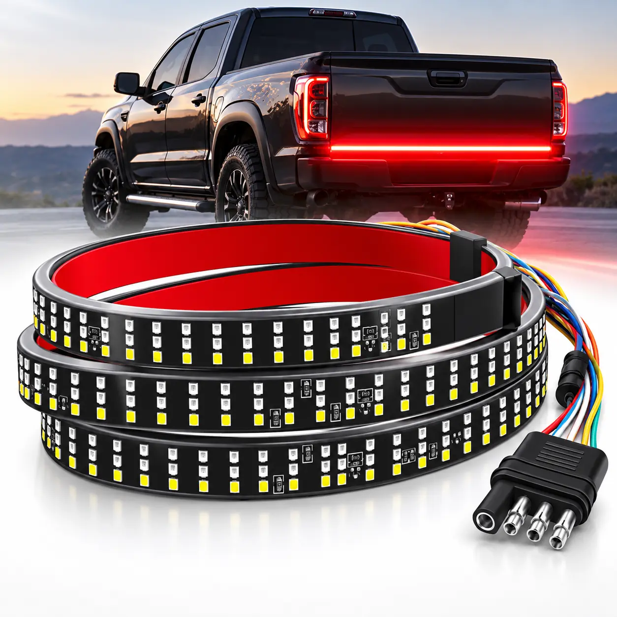 Tailgate Light Bar 60 Inch Triple Row Tail light bar for Pickup Trailer SUV RV VAN Full Function Red Brake White Reverse Amber Turn Signal double flash Light No Drill Install (60inch)