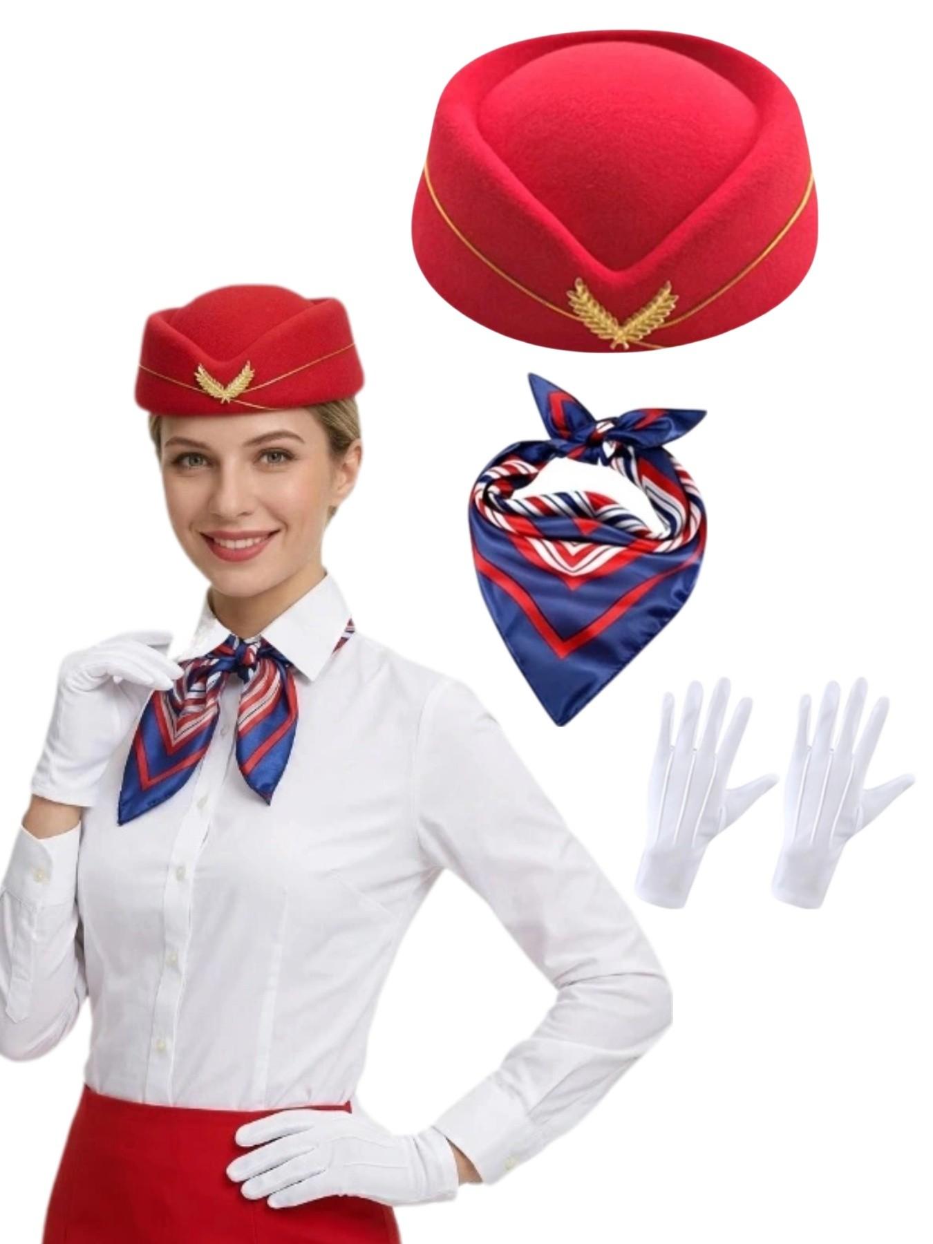 3-Piece Holiday Flight Attendant Costume Set for Women, Includes Hat, Scarf, Gloves, Perfect for Role Play, Vintage Stewardess