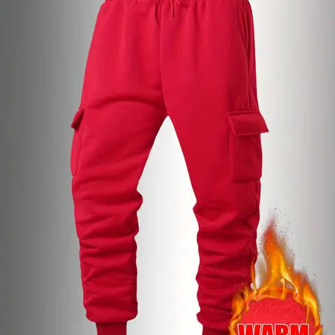 Men's Fashion Casual Athletic Warm Fleece Lined Cargo Pants, Multi-Pocket Design, Thick Fabric, Elastic Waist, Perfect for Winter Outdoor Activities, Sportswear