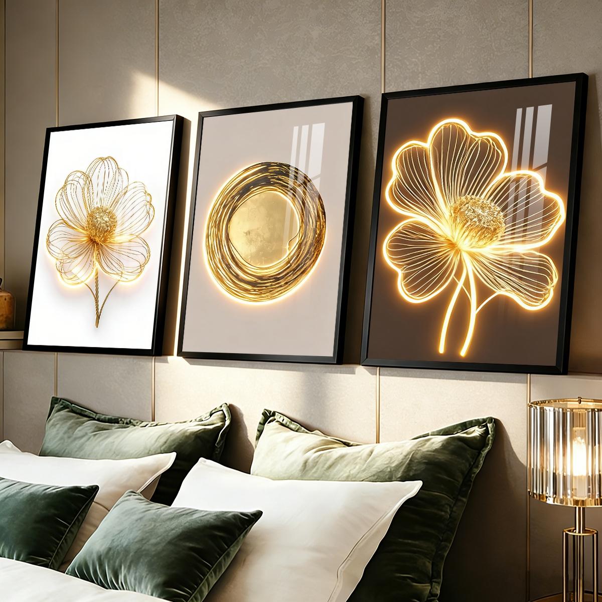 3 Counts Aluminum Alloy Framed Painting, Golden Wire Flower And Sun Abstract Art Pictures, Home Decoration For Living Room, Bedroom, Office, Restaurant, Hallway Wall Decor, Odorless Print Artwork, Luxury Perfect Gift For Friends And Family
