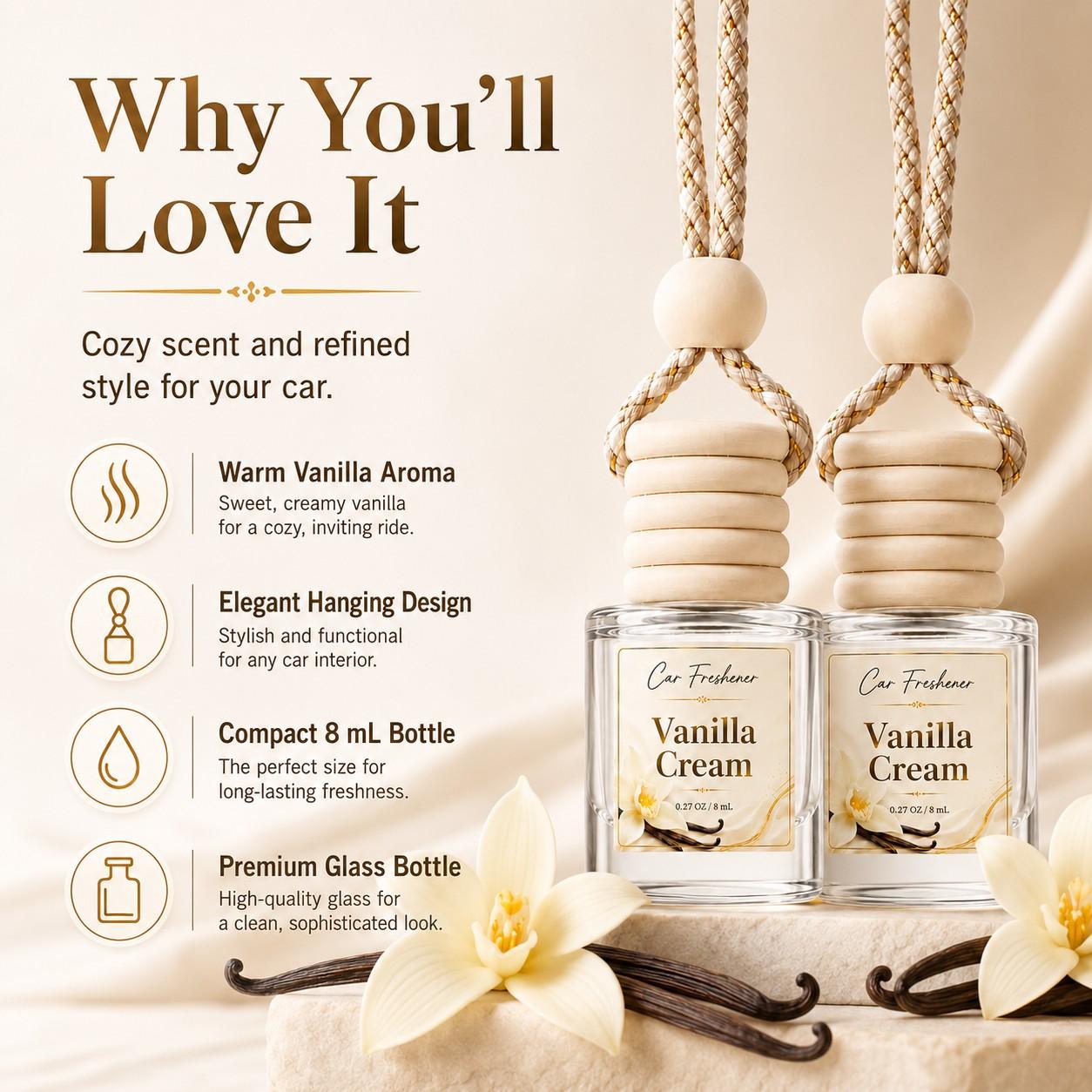 2 Pack Vanilla Cream Car Air Freshener, Car Perfume, Long Lasting Sweet Scent, 8ML Bottle, Hanging Car Freshener for Auto Interior, Car Accessories