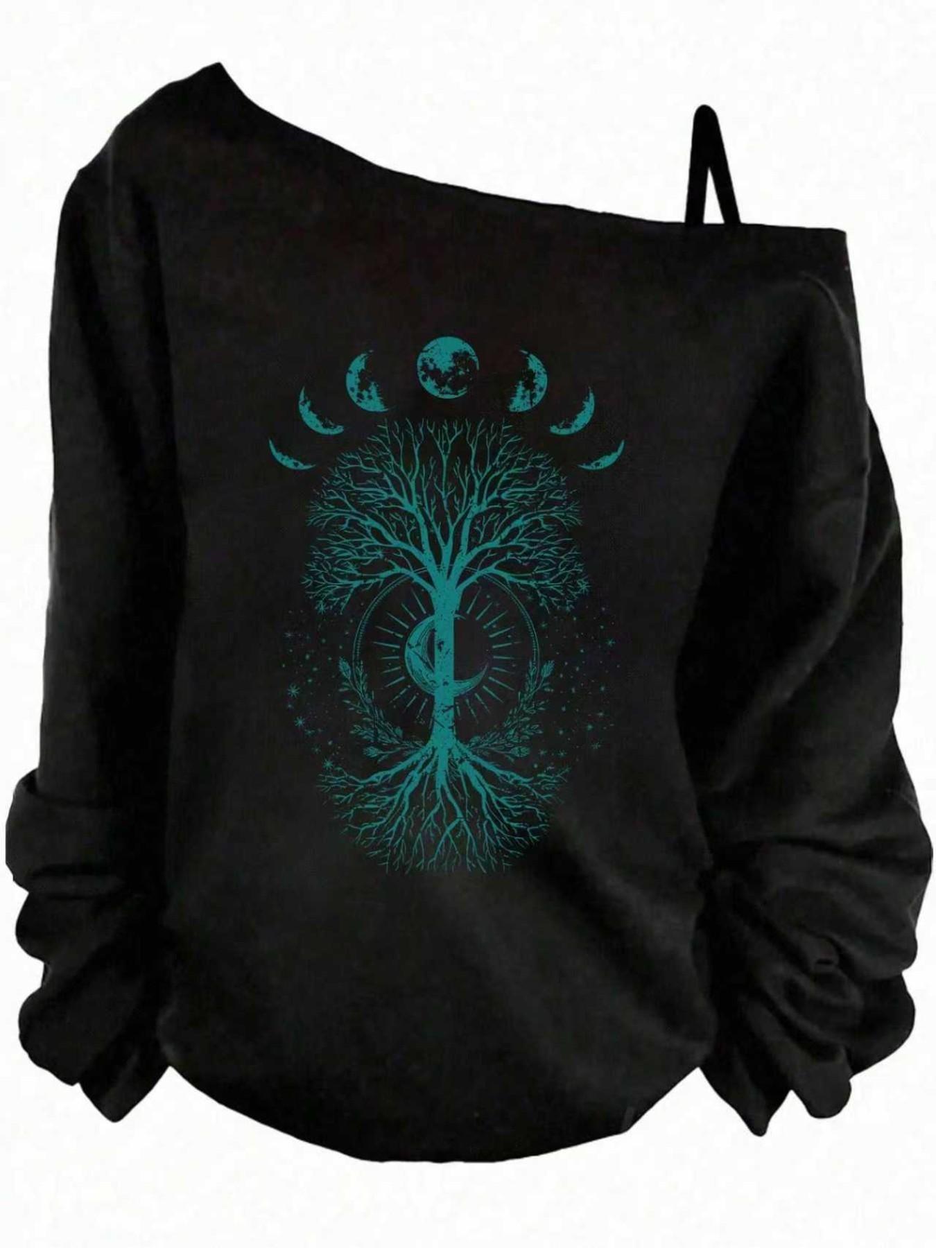 Women's Off-Shoulder Slouchy Casual Sweatshirt, Moon Phase Tree of Life Print, Oversized Pullover, Boho Occult Graphic, Women's Tops, Womenswear, Spring&fall