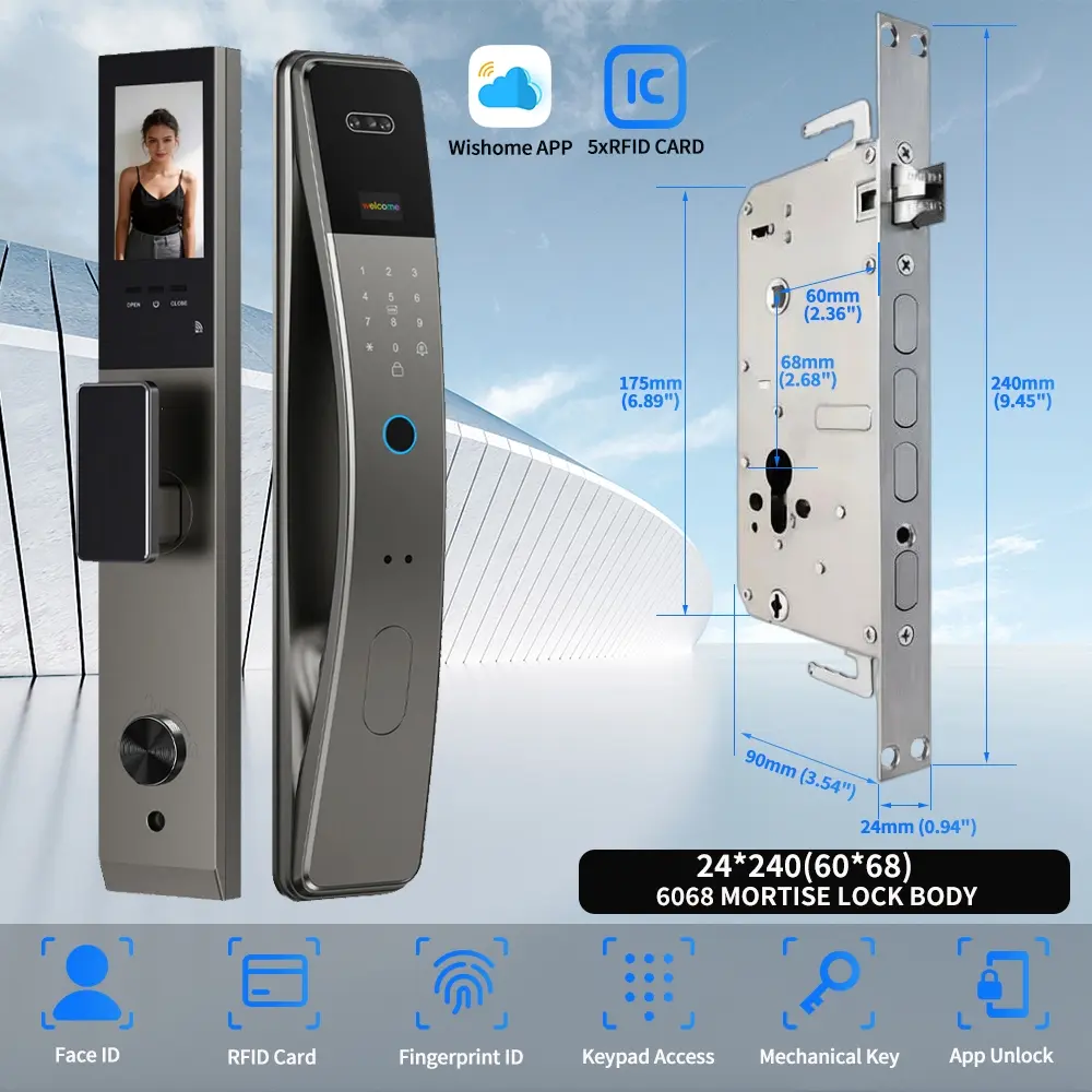 7 in 1 Keyless Entry Fingerprint Door Lock with Palm and Face ID, Heavy Duty Aluminum Smart Lock, Compatible with Wishome App, 6068 Mortis, Fingerprint Smart Locks