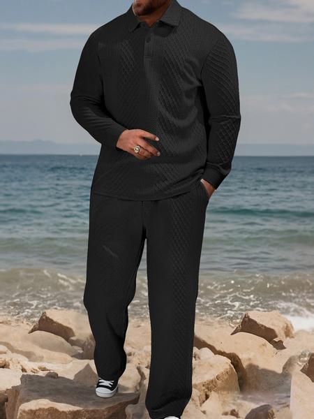 Men's Textured Long Sleeve Polo Shirt & Drawstring Pants Set, Casual Fitted Design, All-Season Wear, Comfortable Fit Men's Textured Long Sleeve Polo Shirt & Drawstring Pants Set, Casual Fitted Design, All-Season Wear, Comfortable Fit