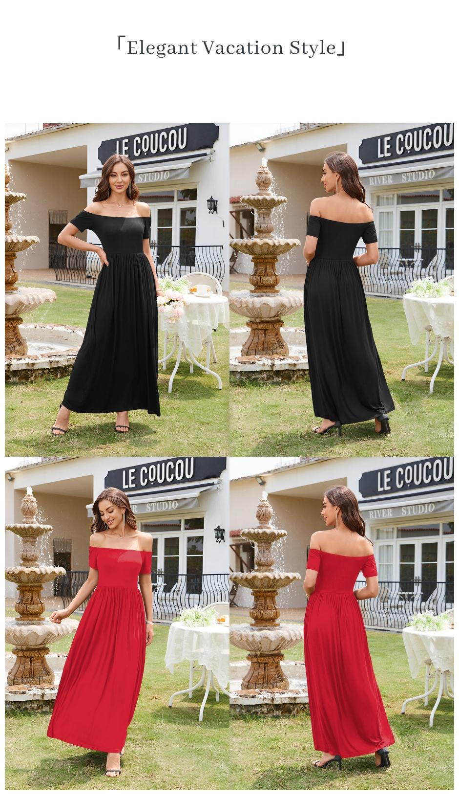 Chicovar Women's Off-Shoulder Spring Maxi Dress – Long/Short Sleeve with Pockets, Easter dress, Perfect for Vacation, Dinner & Semi-Formal Occasions,Fall/Spring/Summer Maxi Dress