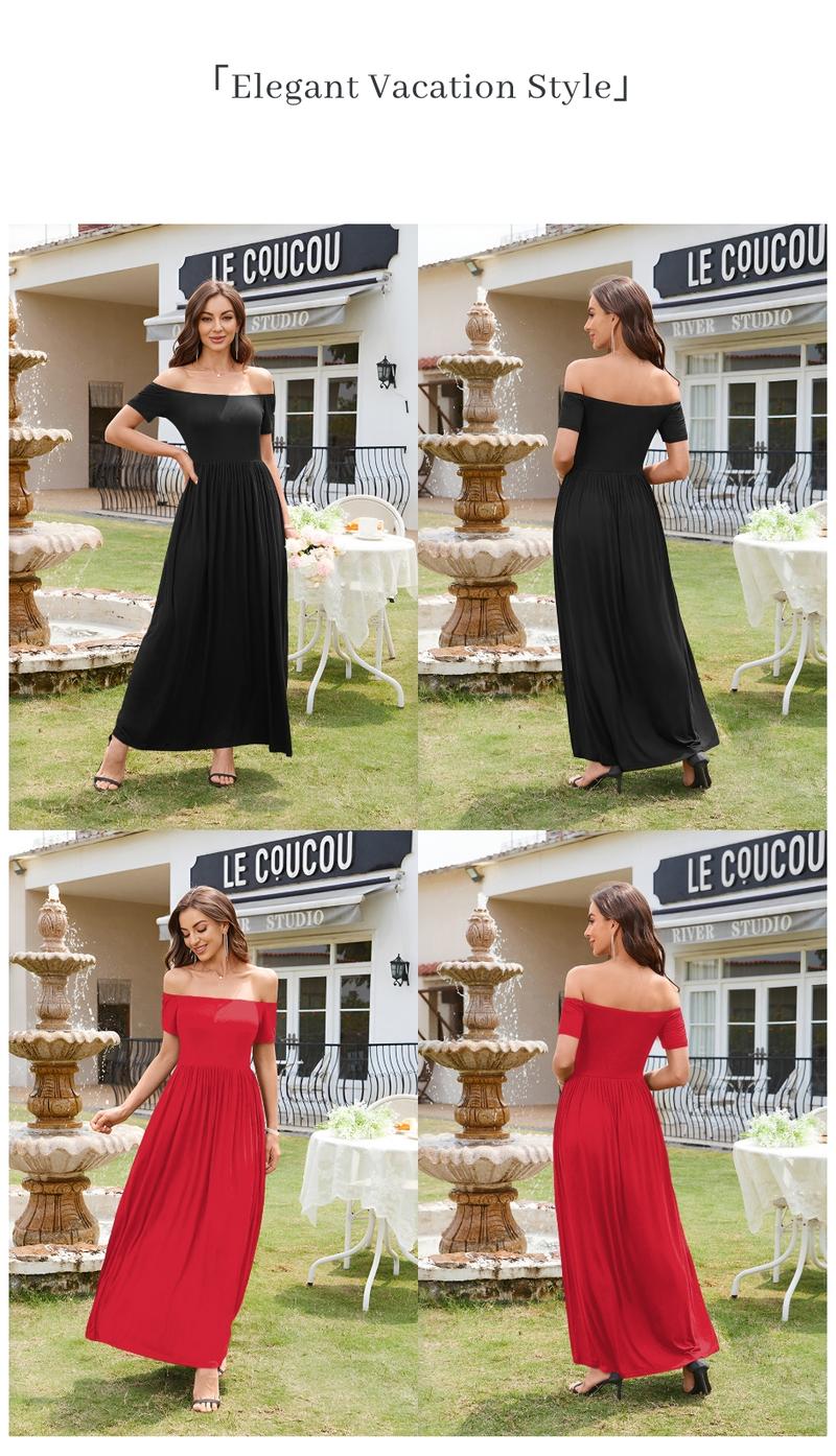 Chicovar Women's Off-Shoulder Spring Maxi Dress – Long/Short Sleeve with Pockets, Perfect for Vacation, Dinner & Semi-Formal Occasions,Fall/Spring/Summer Maxi Dress