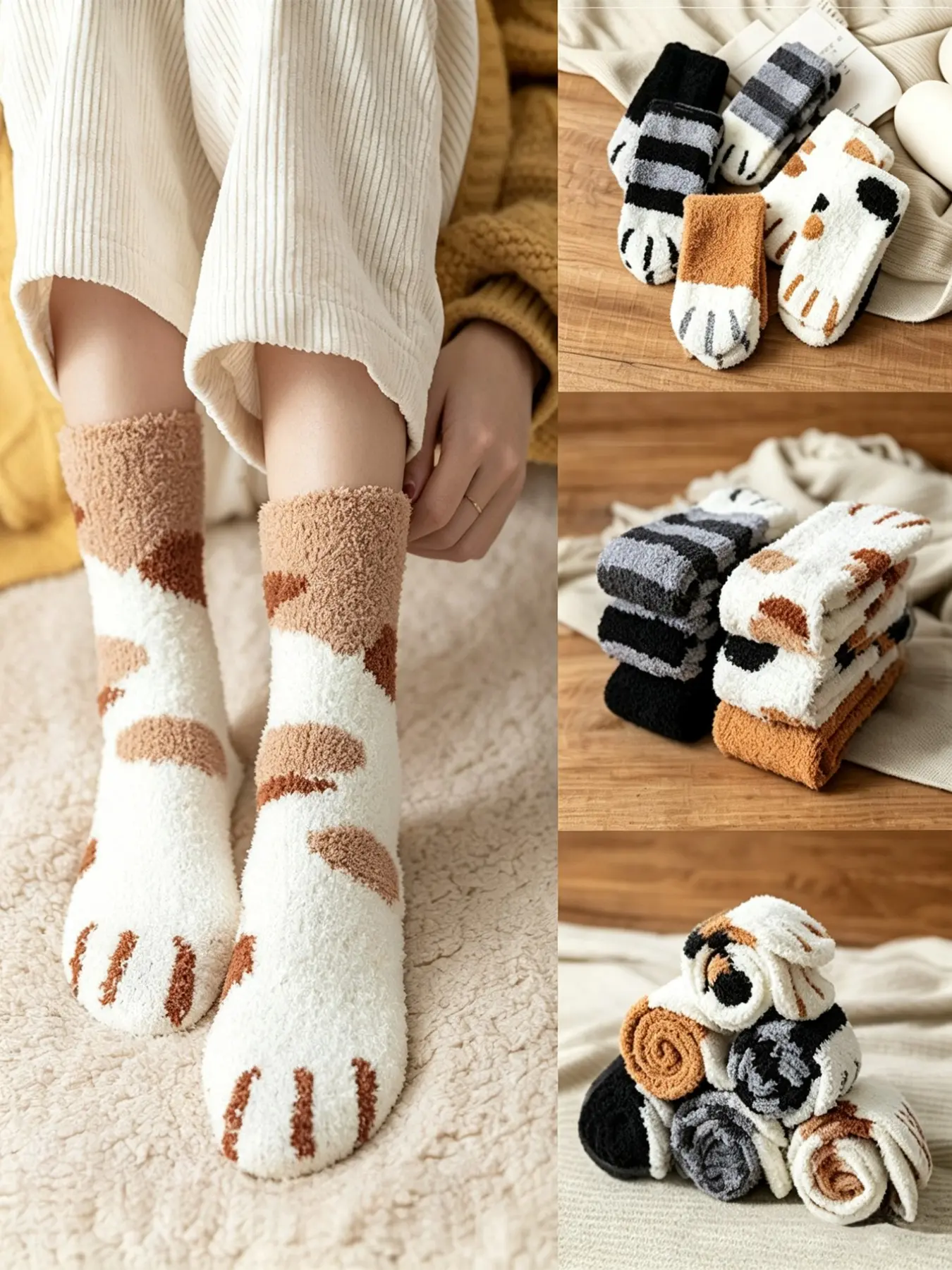 6 Pairs Cartoon Cat Paw Coral Fleece Socks, Animal Socks, Thick Warm Plush Home Floor Socks, Cute Cozy Sleep Mid-Calf Women's Socks, Fall Winter
