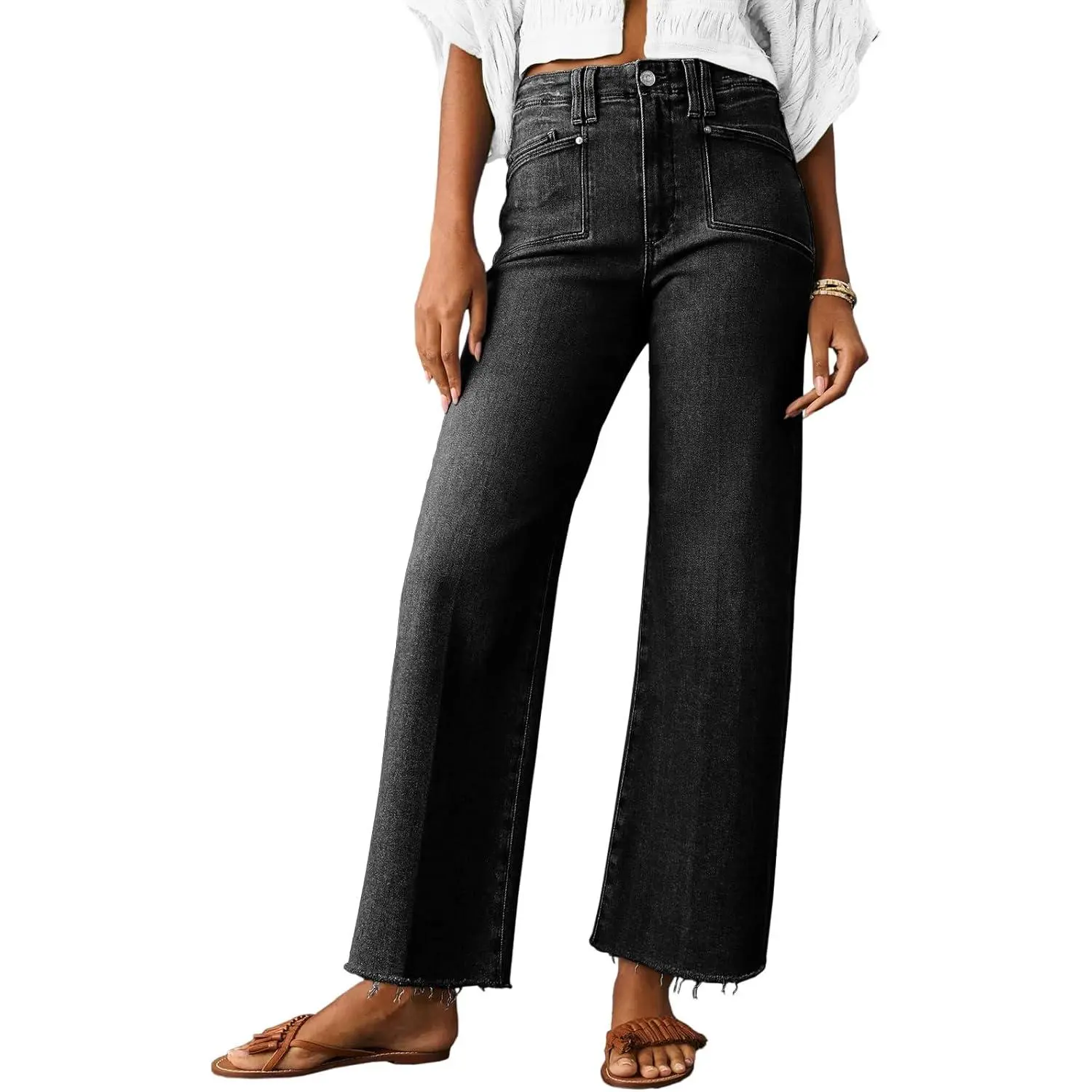 Imily Bela Womens High Waisted Cropped Jeans Trendy Stretchy Baggy Straight Leg Raw Hem Capri Denim Pants
