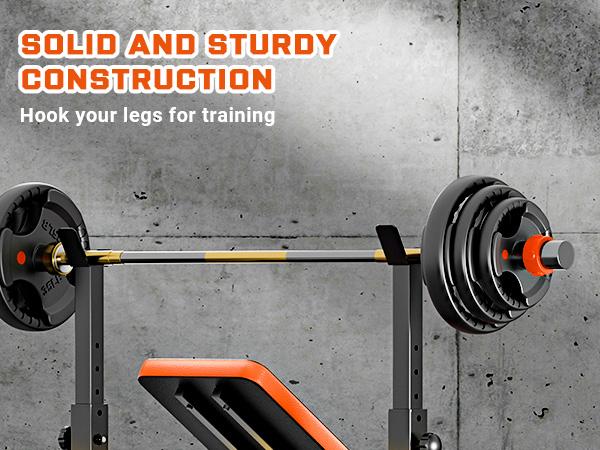 Hapsor Adjustable Weight Bench Set - Multi-Functional Press Rack with Squat Stand, Home Gym Olympic Weight Bench, Removable Foot Catch, Dumbbell Storage, Supports 770LBS, Bold Orange & Black Workout Equipment - Springtok