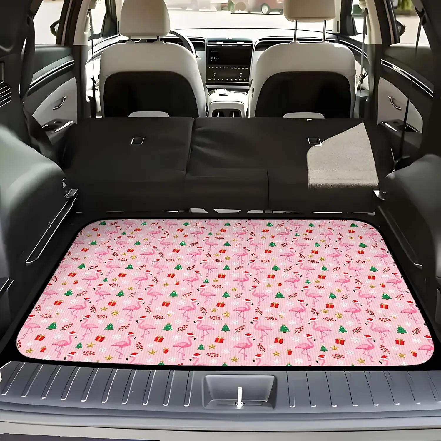 75x100cm/30x39in Polyester Dog Car Trunk Mat - SUV Universal Fit Protector, Stylish Festive Flamingo Berry Wreath Print, Non-Slip Waterproof Stain-Resistant, Easy-Clean, Decorative Flair Cargo Liner That Protects