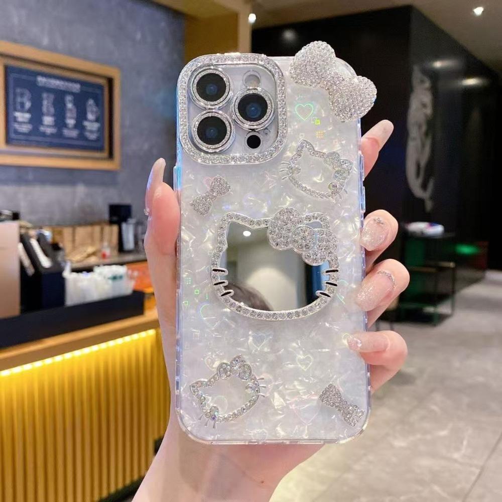Trendy Cute Shell Pattern Sparkling Cat Mirror Phone Case For iPhone 17 16 15 14 13 12 Pro Max Plus Fashion Protective Cover