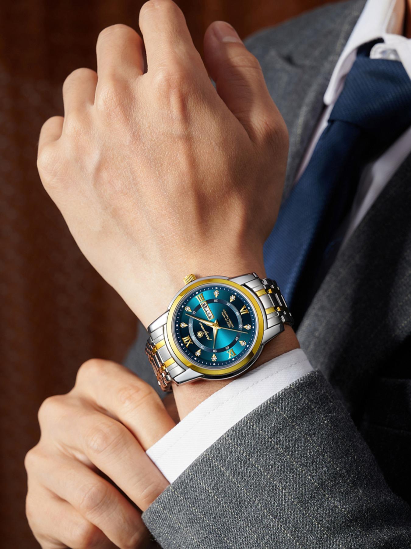 Paazomu Men's Wristwatch, Stainless Steel Waterproof Luminous, Casual Quartz Watch with Date and Week Display, Stylish Business Accessory