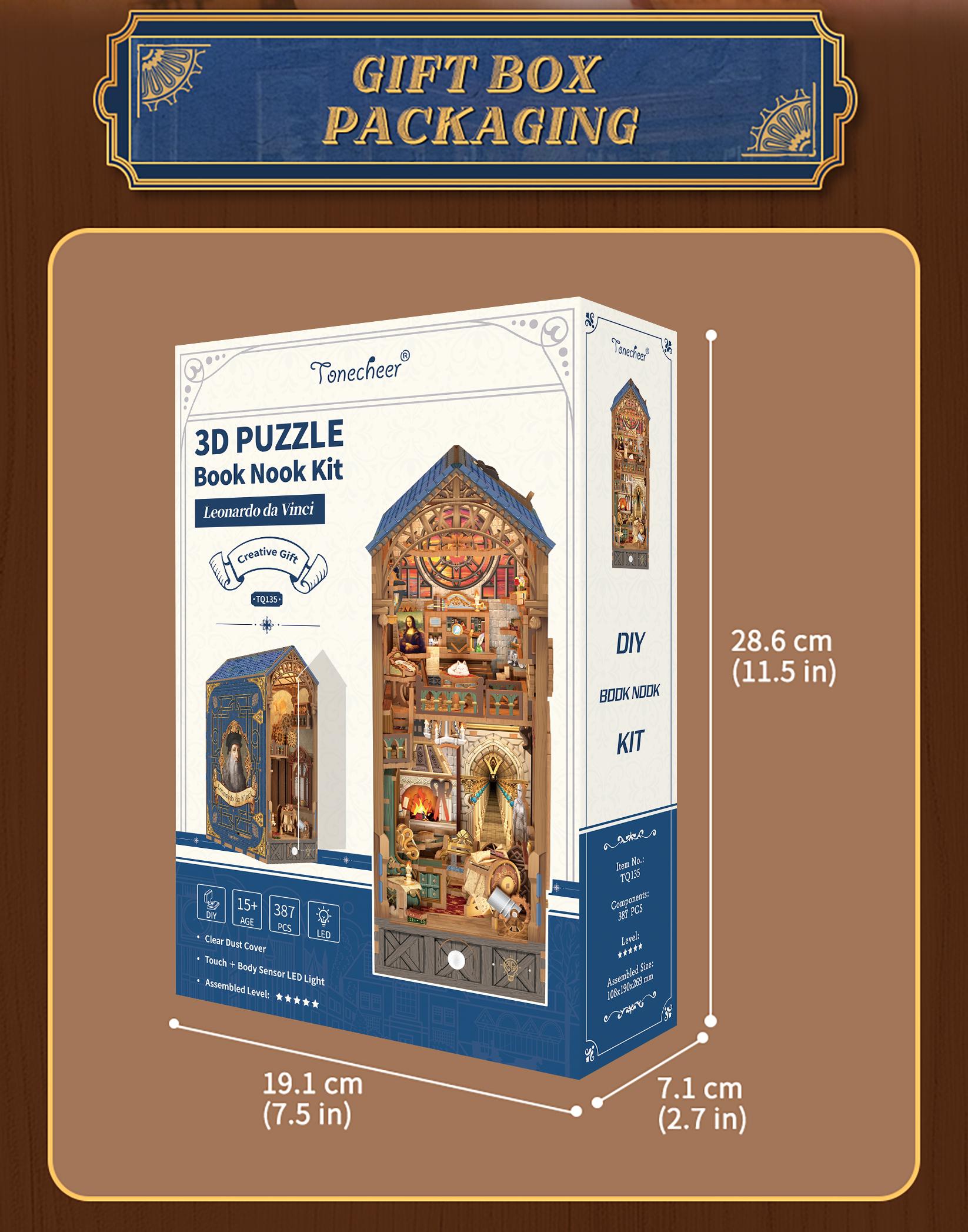 Tonecheer DIY Book Nook Kit for Adults, 3D Wooden Puzzle Bookend Miniature House Kit, Booknook Bookshelf Insert Decor with Dust Cover and LED Lights Gifts (Leonardo da Vinci)