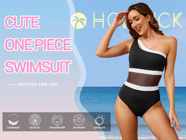 Holipick Women's One Shoulder One Piece Swimsuit Cutout Bathing Suits Mesh Slimming Swimwear for Teen Girls