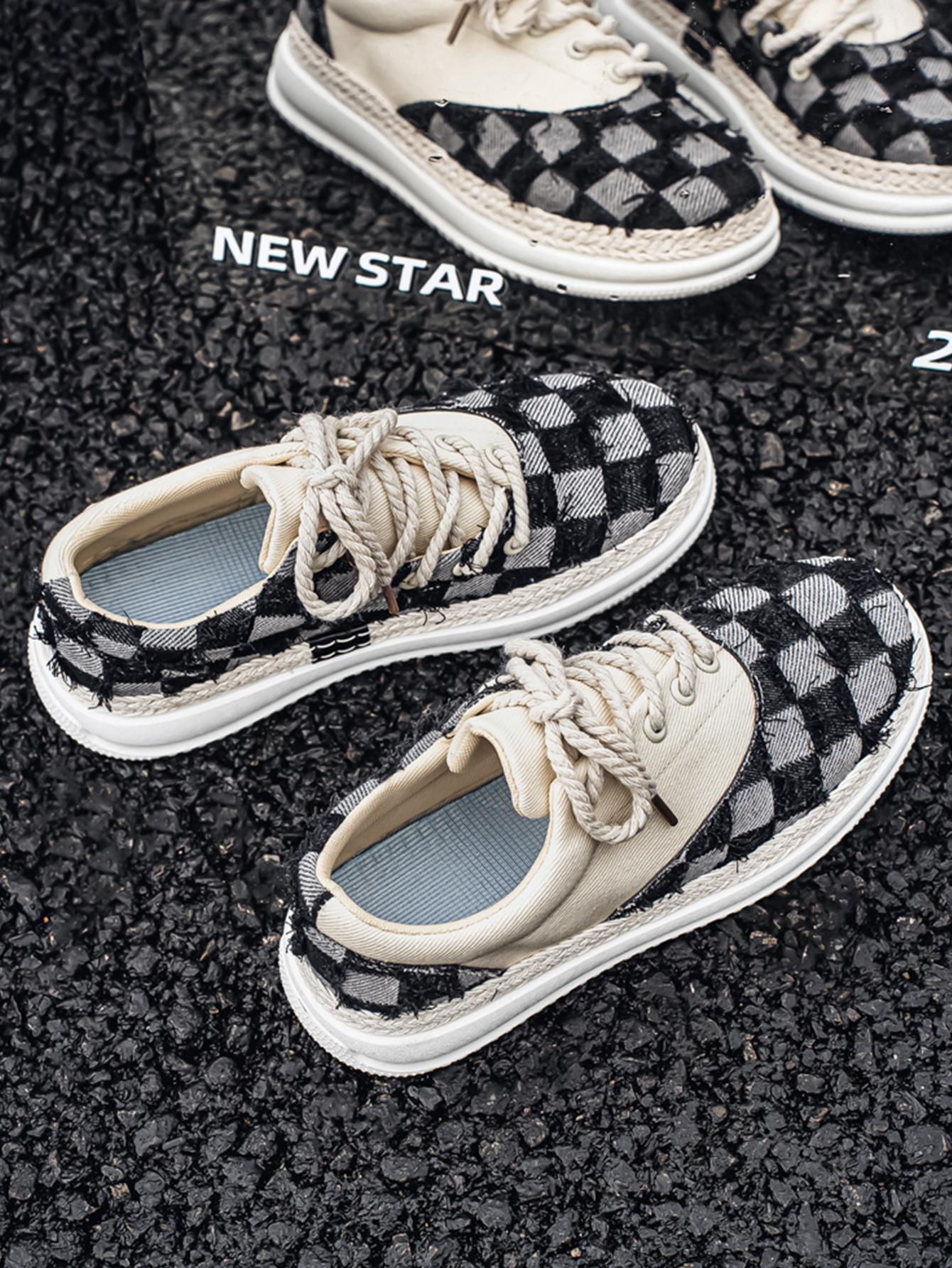 Summer New Men's Plaid Patchwork Hemp Rope Laces, Vintage Straw Trim Soft Elastic Thick Sole, Casual Checkered Shoes for Commute and Streetwear