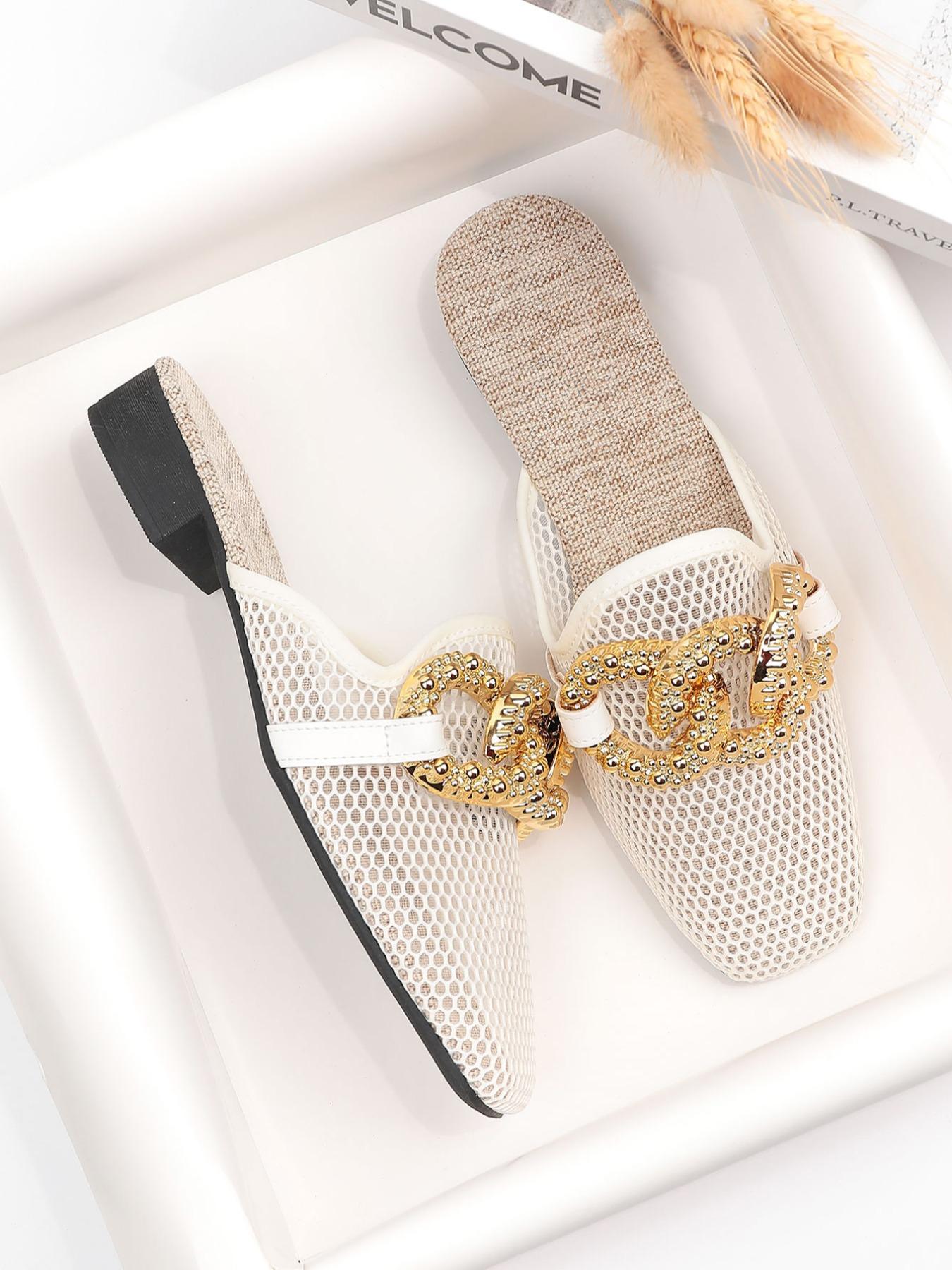 Women's Fashion Slip-On Sandals, Metal Chain Design, Breathable Mesh Upper, Eva Sole, Summer Casual Beach Shoes, Slip On Mules