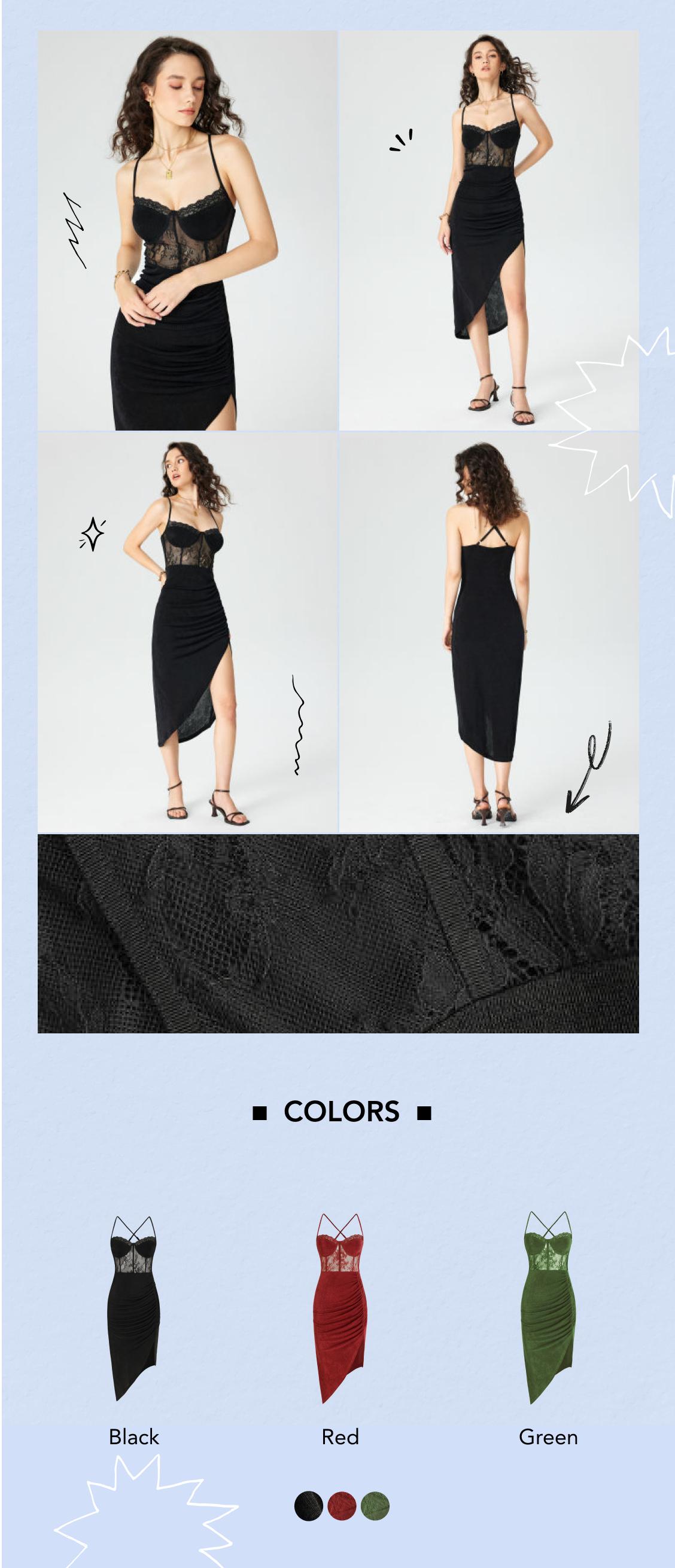 Cider [3 colors, size 2-10] Lace Ruched Split Cami Midi Dress