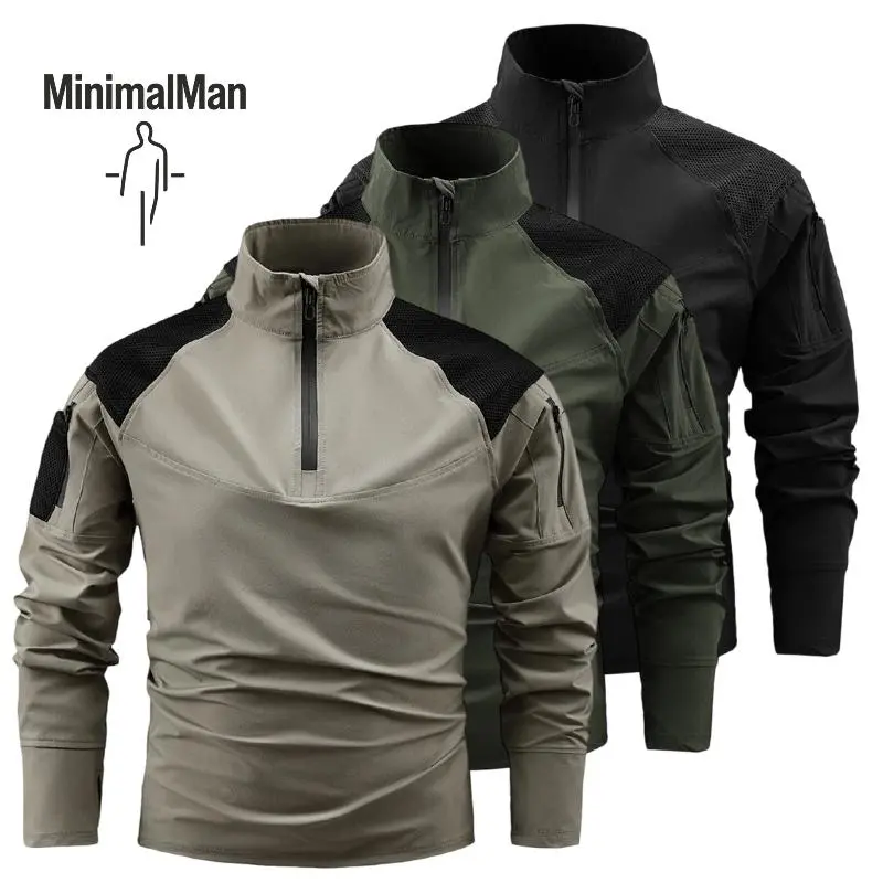 Men's 1/4 Zip Tactical Long Sleeve Shirt, Mesh Panel Breathable Combat Frog Suit Top with Arm Zipper Pockets for Outdoor Hunting Hiking