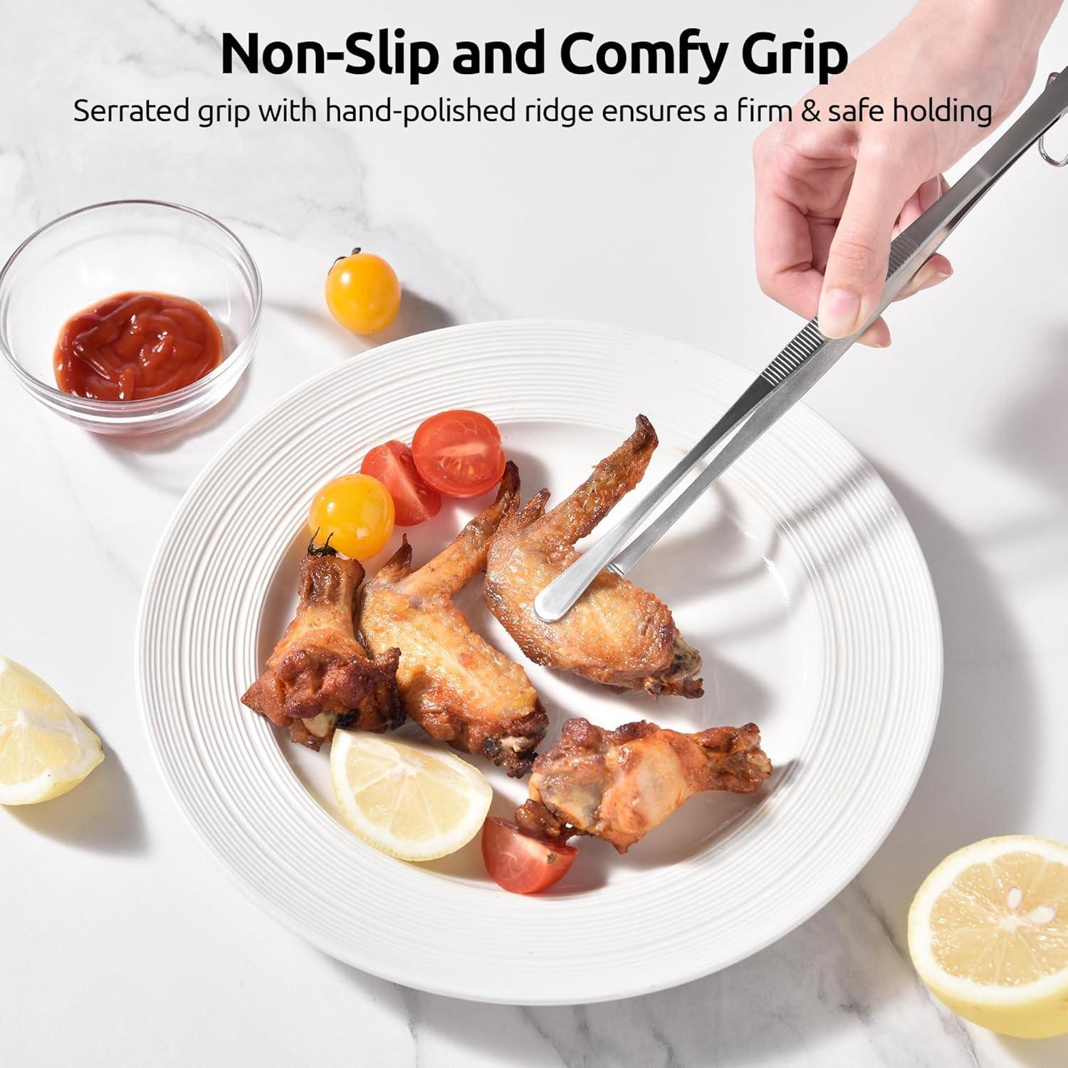 4-Pcs Stainless Steel Food Tongs Heat Resistant for BBQ Grill Cooking Baking Serving Frying Plating Sturdy Kitchen Gadget for Renters Home Cooks Young Families