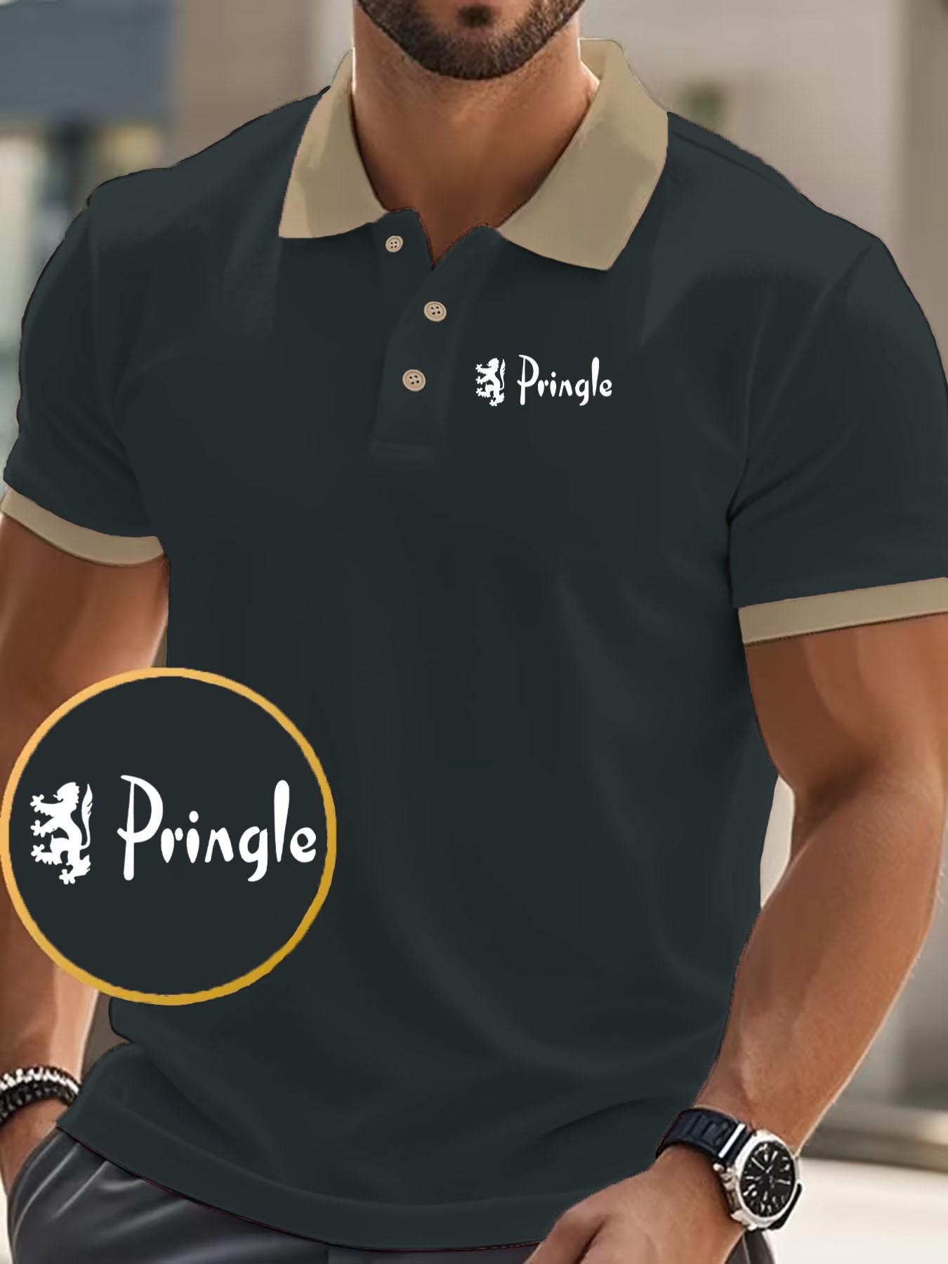 Men's Pringle Scottish Lion Emblem Polo Shirt, Breathable Cotton Slim Fit, Casual Business Style, Ideal for Golf, Commute, Office