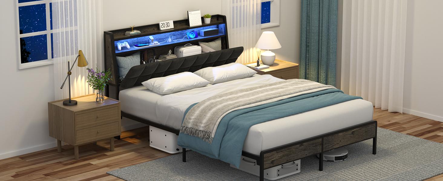Flexpedic Full Queen Bed Frame, Ergonomic Headboard with Multi-Space Storage, Bedframe with Charging Station RGB LED Lights