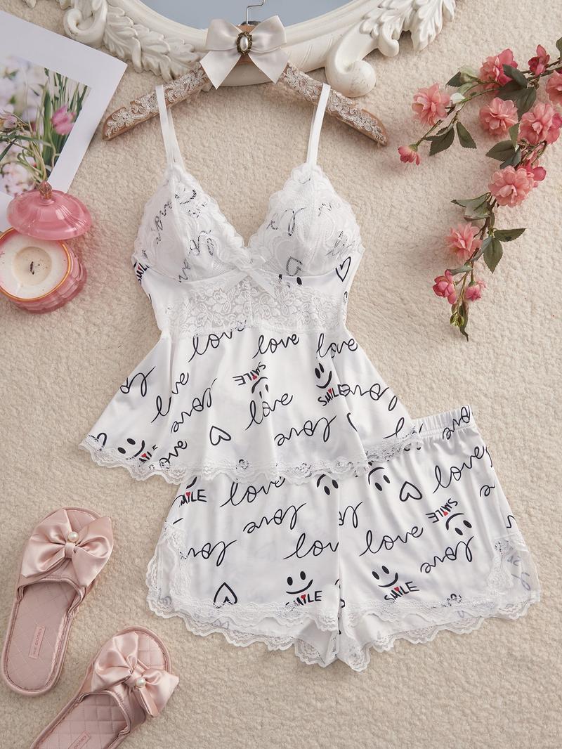 Women's Solid/Leopard Print Cami Top & Lace Trim Shorts Pyjama Two-piece Set, Casual Comfy Camisole & Shorts PJ Set, Ladies Sleepwear for All Seasons