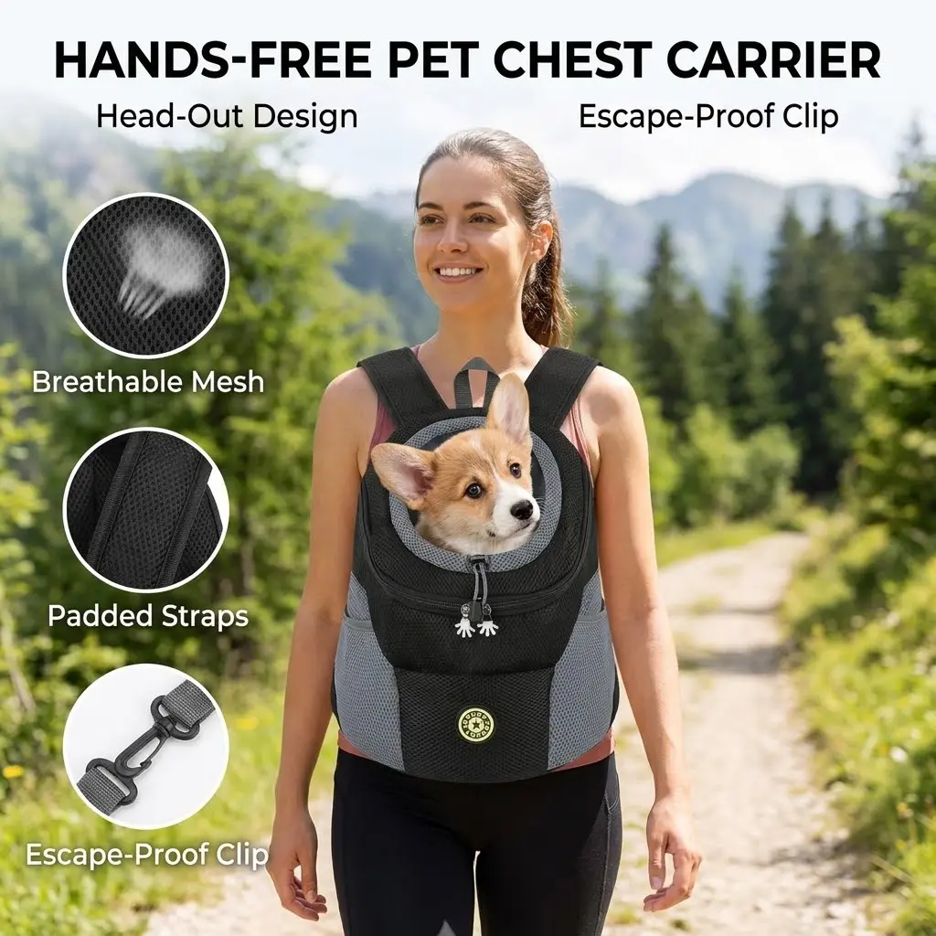 Hands-Free Dog Front Carrier Backpack, Anti-Escape Breathable Mesh Pet Travel Chest Bag with Storage Pockets for Small Medium Dogs Cats Hiking Outdoor