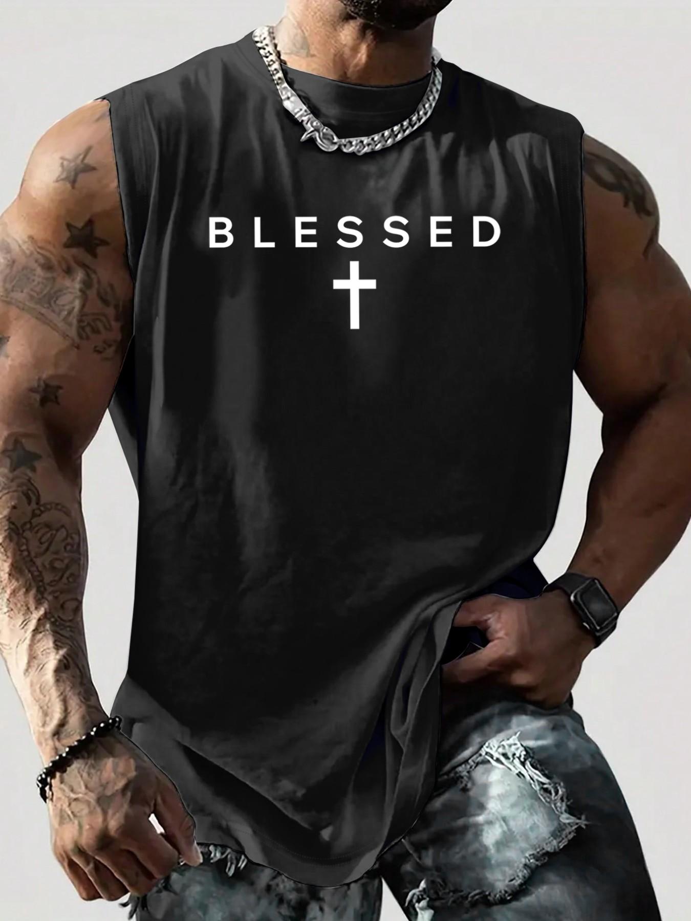Men's "Blessed" Cross Graphic Sleeveless Tank Top, Christian Religious Style Casual Gym Vest, Streetwear Athletic Top #ChristianApparel #BlessedTee #MensGymWear #SleevelessTank #TikTokMadeMeBuyIt