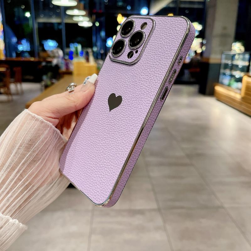 Luxury Solid Color Leather Plating Border Love Logo Phone Case For iPhone 16 Pro Max 14 11 12 13 15 Pro Max Bumper Back Cover