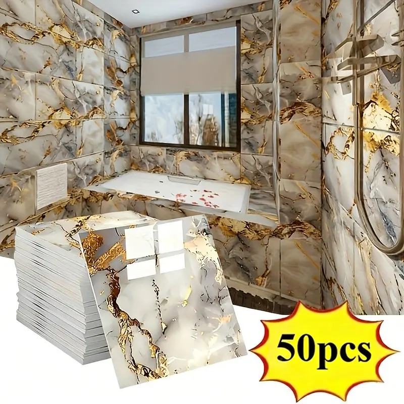 50pcs Self-Adhesive Vinyl Wall Stickers, Waterproof Removable PVC Marble Texture Panels, Easy Install Reusable Wallpaper for Bathroom Kitchen Living Room Interior Walls