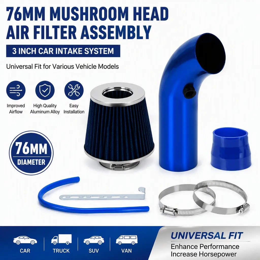 Universal 76mm 3" Cold Air Intake System, Aluminum Intake Pipe & Mushroom Head Air Filter, Car Engine Modification Performance Accessories