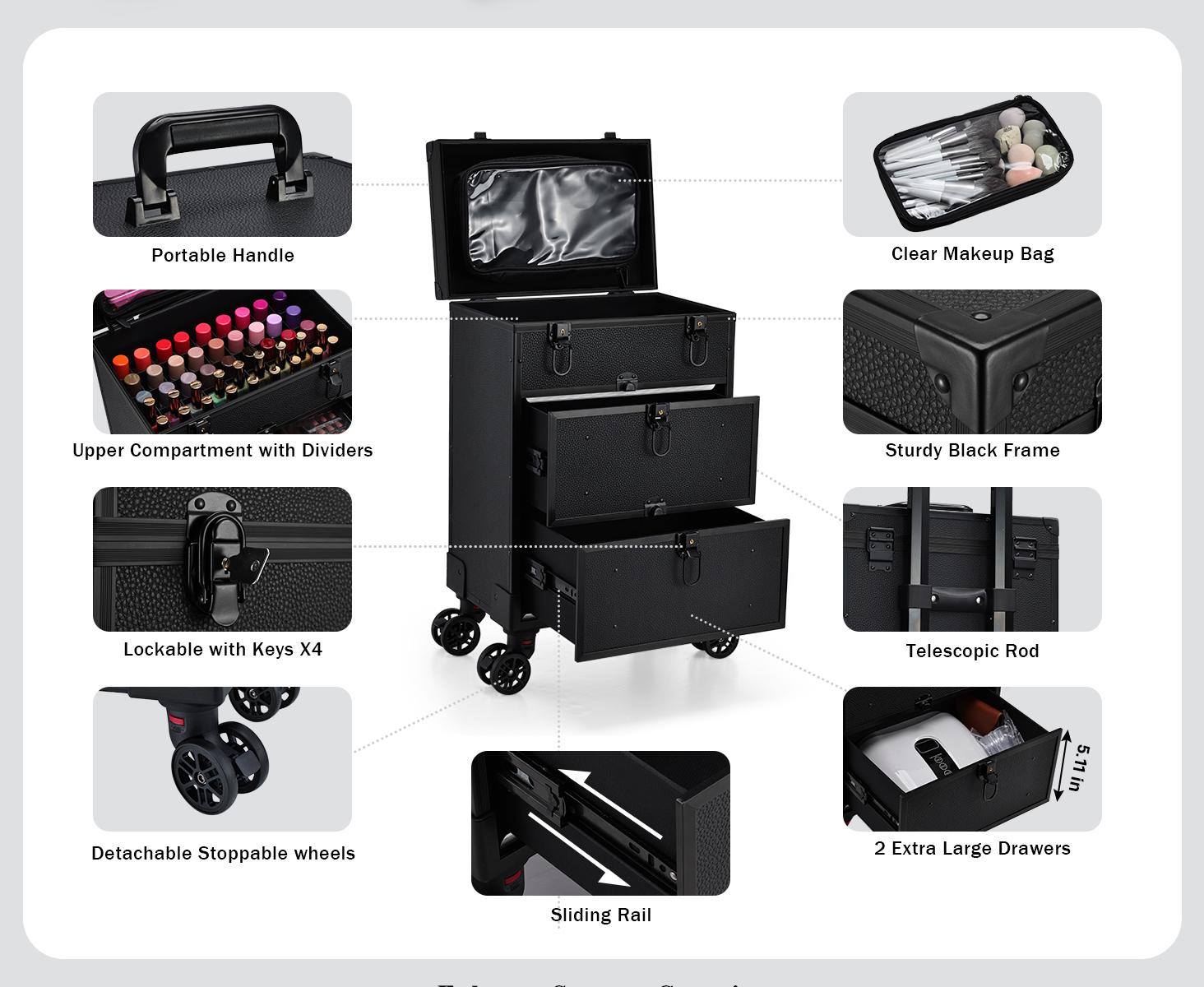 Joligrace Rolling Makeup Train Case Professional Cosmetic Trolley Nail Polish Organizer with 2 Large Drawers, Makeup Pouch for Artists Nail Technician Salon Cart Trunk Black