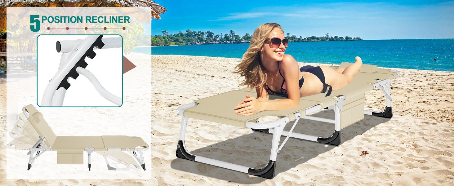 DoCred Deluxe 3-in-1 Tanning Chair with Face Hole, 5-Position Adjustable Beach Chair with Mattress, Oversized Portable Folding Chaise Poolside Lounge Chair for Outdoor Sunbathing, Lawn, Patio, Beach