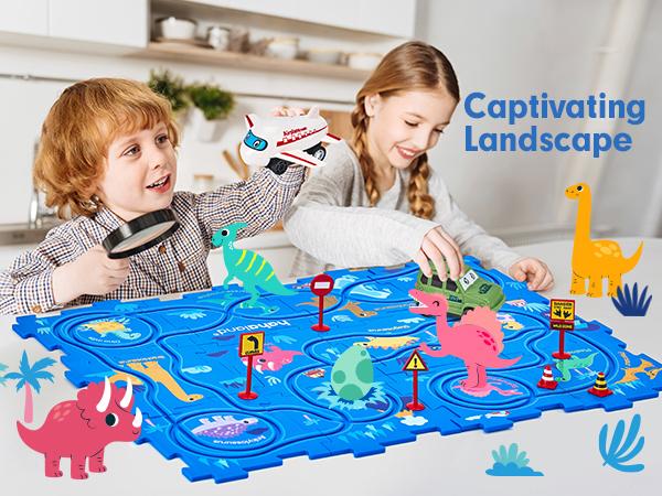 hahaland 12 PCS Racer Car Track Set, Dinosaur-Themed Puzzles, Educational Montessori Toys for Kids, Birthday Gifts, Boy Girl Toys