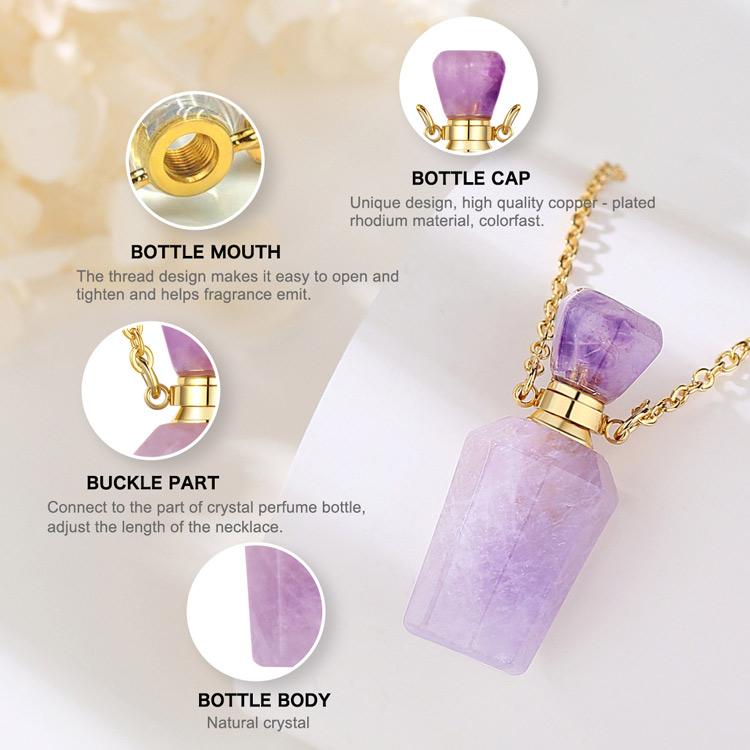 Crystal Perfume Bottle Pendant Necklace for Essential Oils and Fragrance, Unique Natural Crystal for Aromatherapy, Amethyst Healing Jewelry
