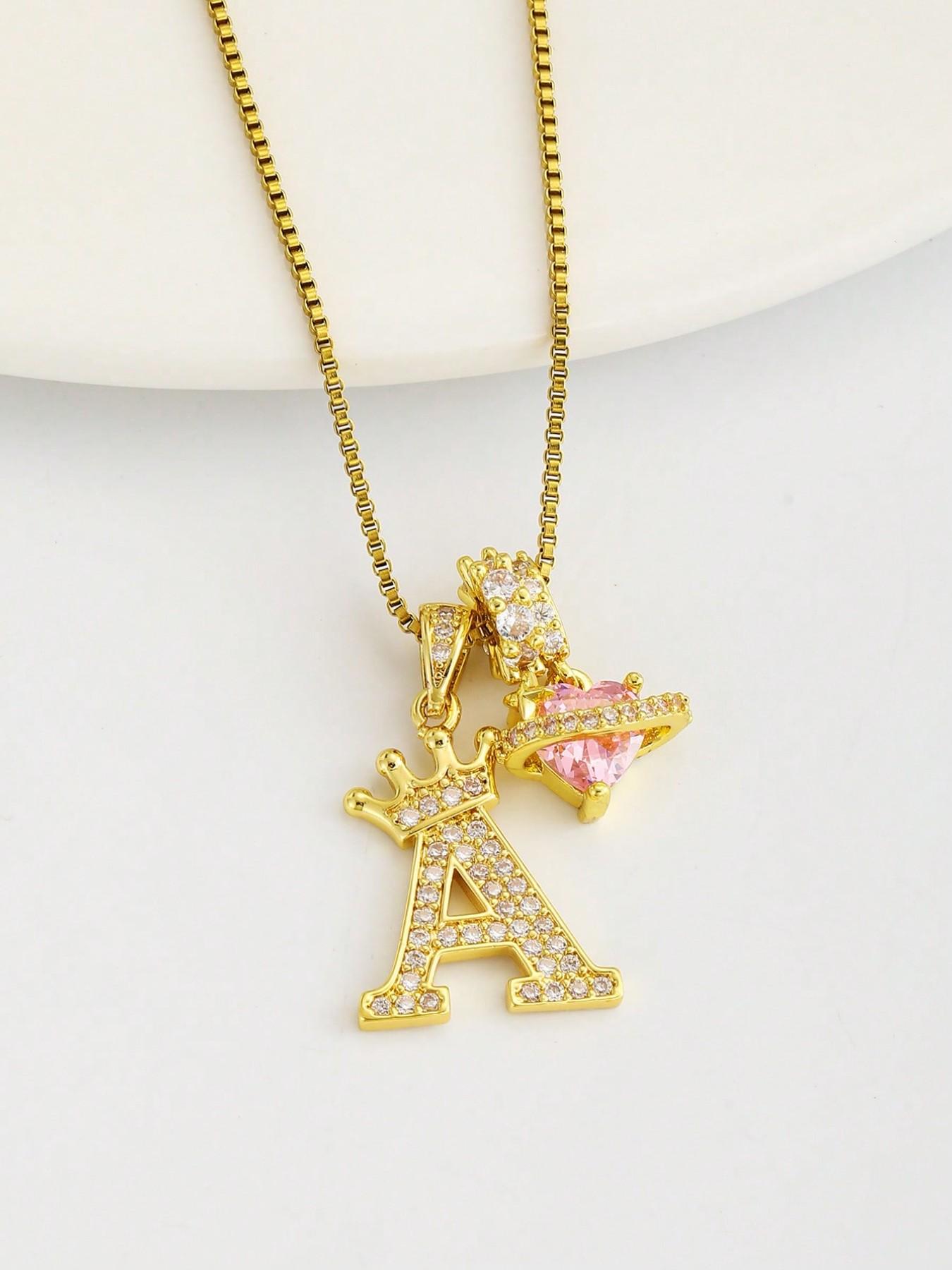 Heart Cz Crown Letter Pendant Necklace, Personalized Initial Alphabet Design, Luxurious Copper Material, Ideal for Daily Wear & Gifts, Heart Shaped Necklace