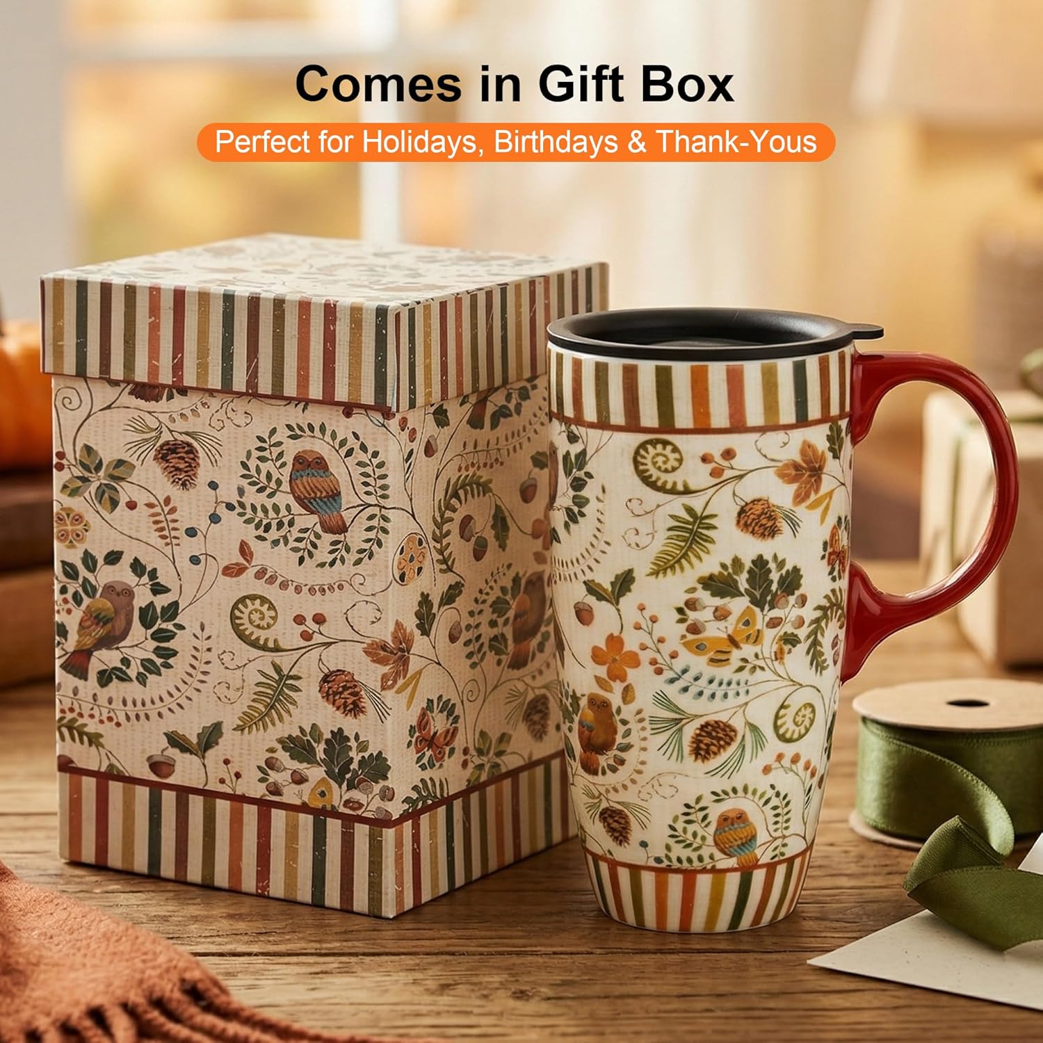 17oz Ceramic Travel Mug with Lid, Coffee Cup with Handle, Floral Design, Microwave & Dishwasher Safe,  for Women Men