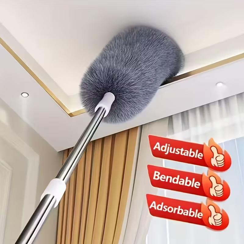 1-in-1 Retractable Extension Pole & Dusting Brush with Ergonomic Handle - Heavy-Duty Telescopic Pole, Washable Microfiber Heads for Wet/Dry Use, Multi-Purpose Ceiling/Furniture Cleaning - Space-Saving Duster, Ceiling Fan Duster for Hard-to-Reach Area